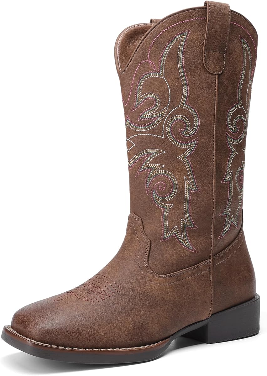Amazon.com | DREAM PAIRS Women's Cowboy Cowgirl Boots Embroidered Square Toe Mid Calf Western Boots Fashion Dress Chunky Low Heel Shoes for Theme Party Country Concert,Size 8.5,Dark Brown,DWUMMB2516 | Mid-Calf