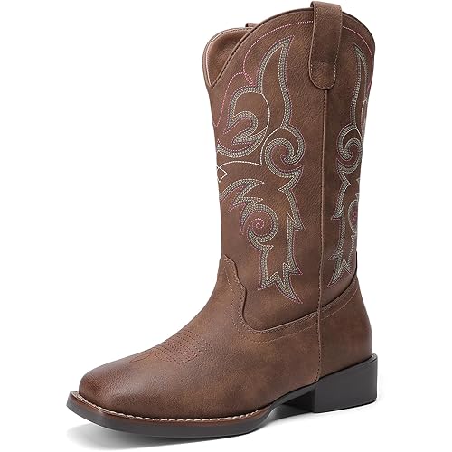 DREAM PAIRS Women's Cowboy Cowgirl Boots Embroidered Square Toe Mid Calf Western Boots Fashion Dress Chunky Low Heel Shoes for Theme Party Country Concert