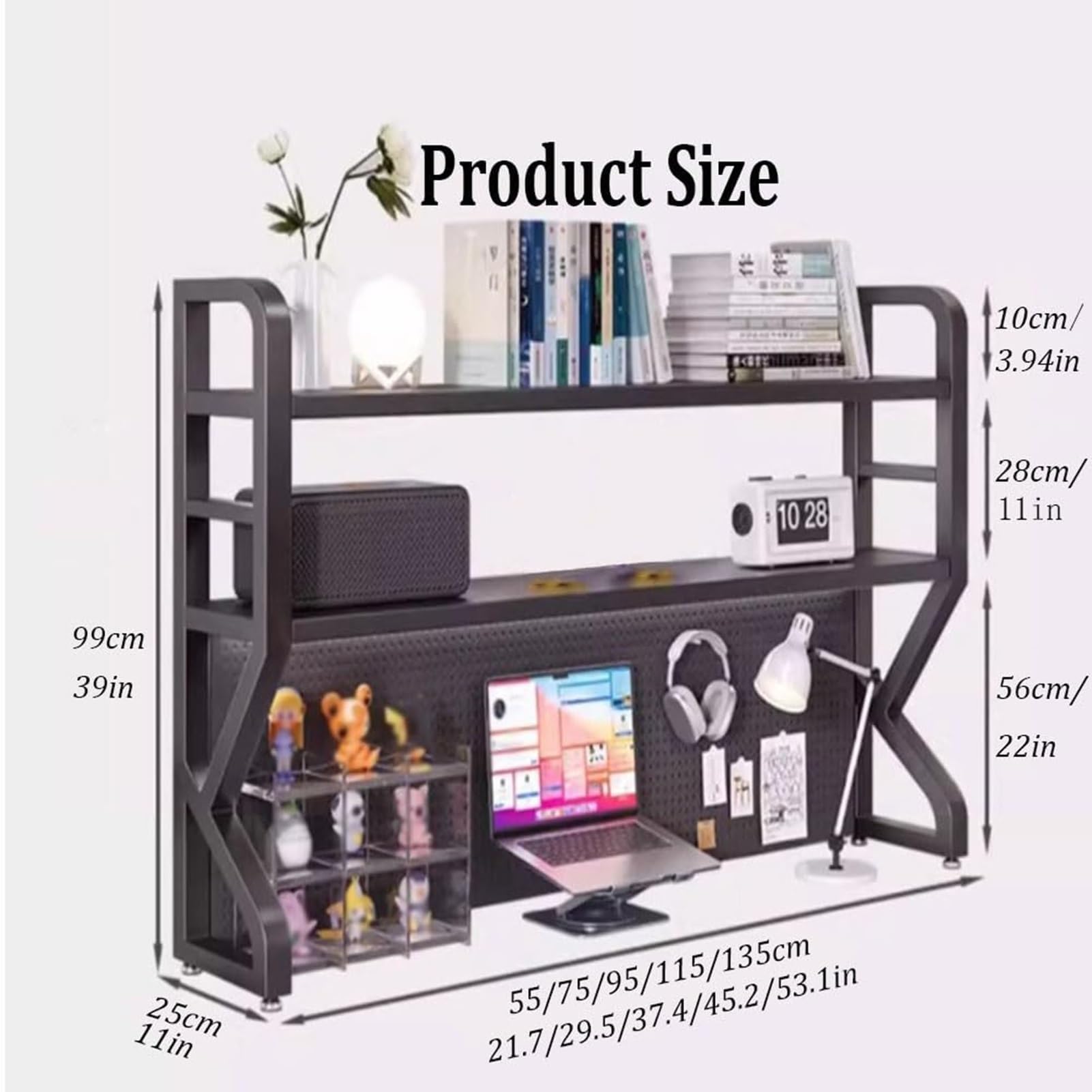 Organisateur de Bureau avec Panneau Perforé, Étagère Haute pour Écran, Bibliothèque Gaming en Acier au Carbone, Rangement Vertical Gain de Place avec Kit de 30 Accessoires(Black,75cm)
