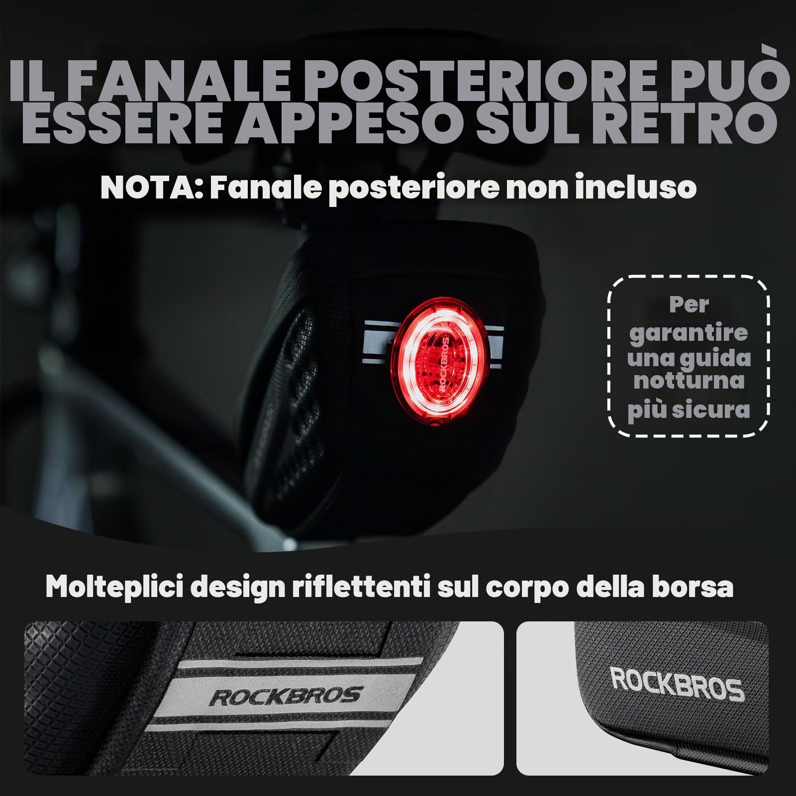 ROCKBROS Borsa Bici Sella Borse Sottosella Posteriore Bicicletta MTB Strada Grande Capacità 1.3L Rigido con Parafango Striscia Riflettente Accessori per Ciclismo, Nero