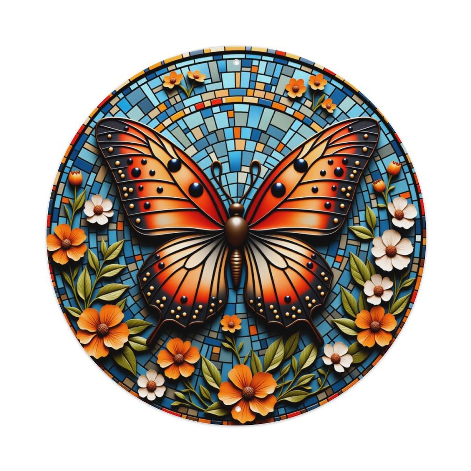 Lzwbntey Vintage Butterfly Mosaic Floral Art Design Metal Tin Sign Retro Wall Decor For Home Bar Garage Cafe, Indoor & Outdoor Decorative，Circle Metal Poster, 8X8 Inch