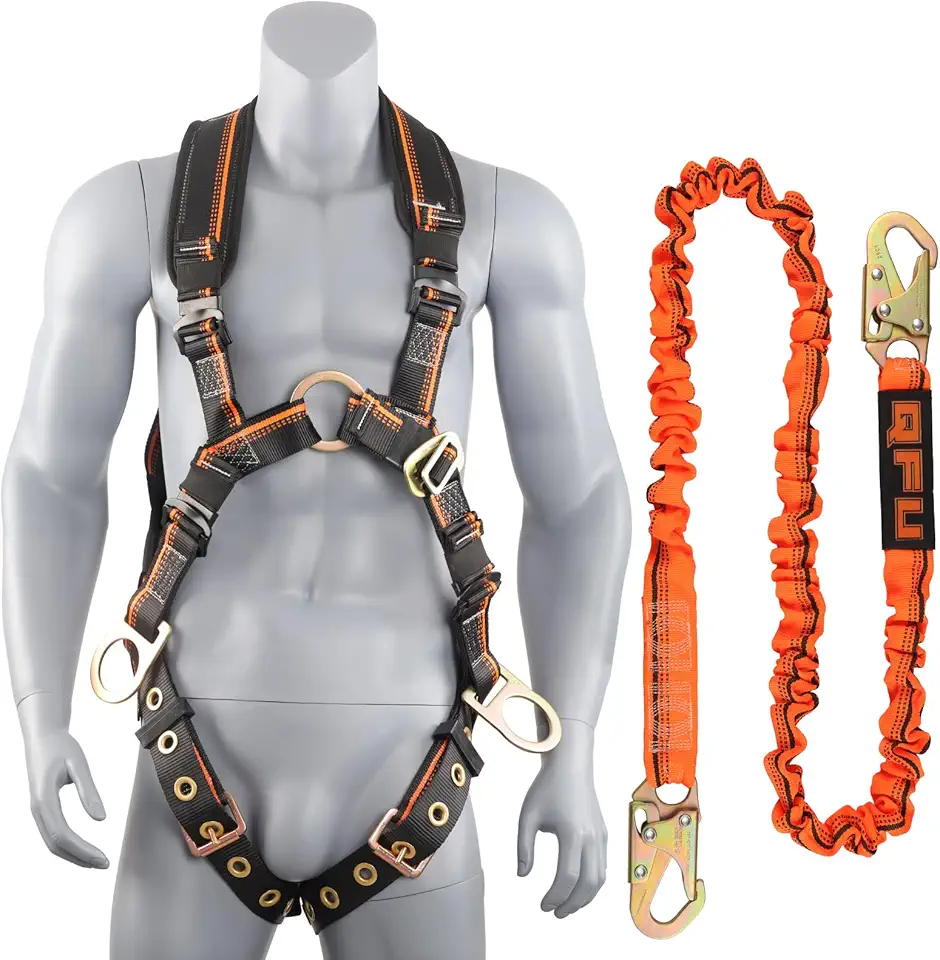 Full Body Safety Harness &amp; Fall Protection Kit with Padded Straps, ANSI Compliant, Includes Shock-Absorbing Lanyard for Roofing, Construction and Industrial Use