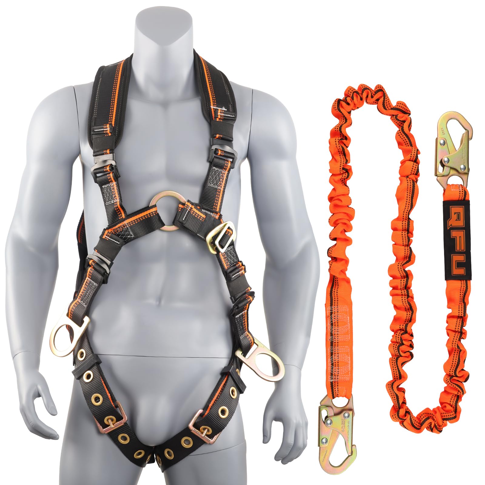 Full Body Safety Harness & Fall Protection Kit with Padded Straps, ANSI Compliant, Includes Shock-Absorbing Lanyard for Roofing, Construction and Industrial Use