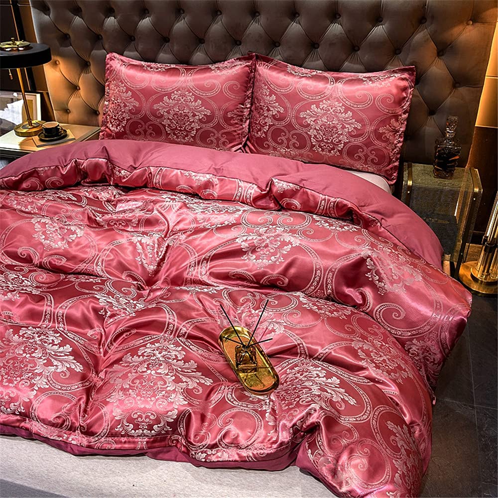 ALEjon Juego nórdico satén Jacquard Floral - King Size Rosa, Sedoso y Resistente a Las Arrugas - 3 Piezas con 2 Fundas de Almohada - 220x240cm