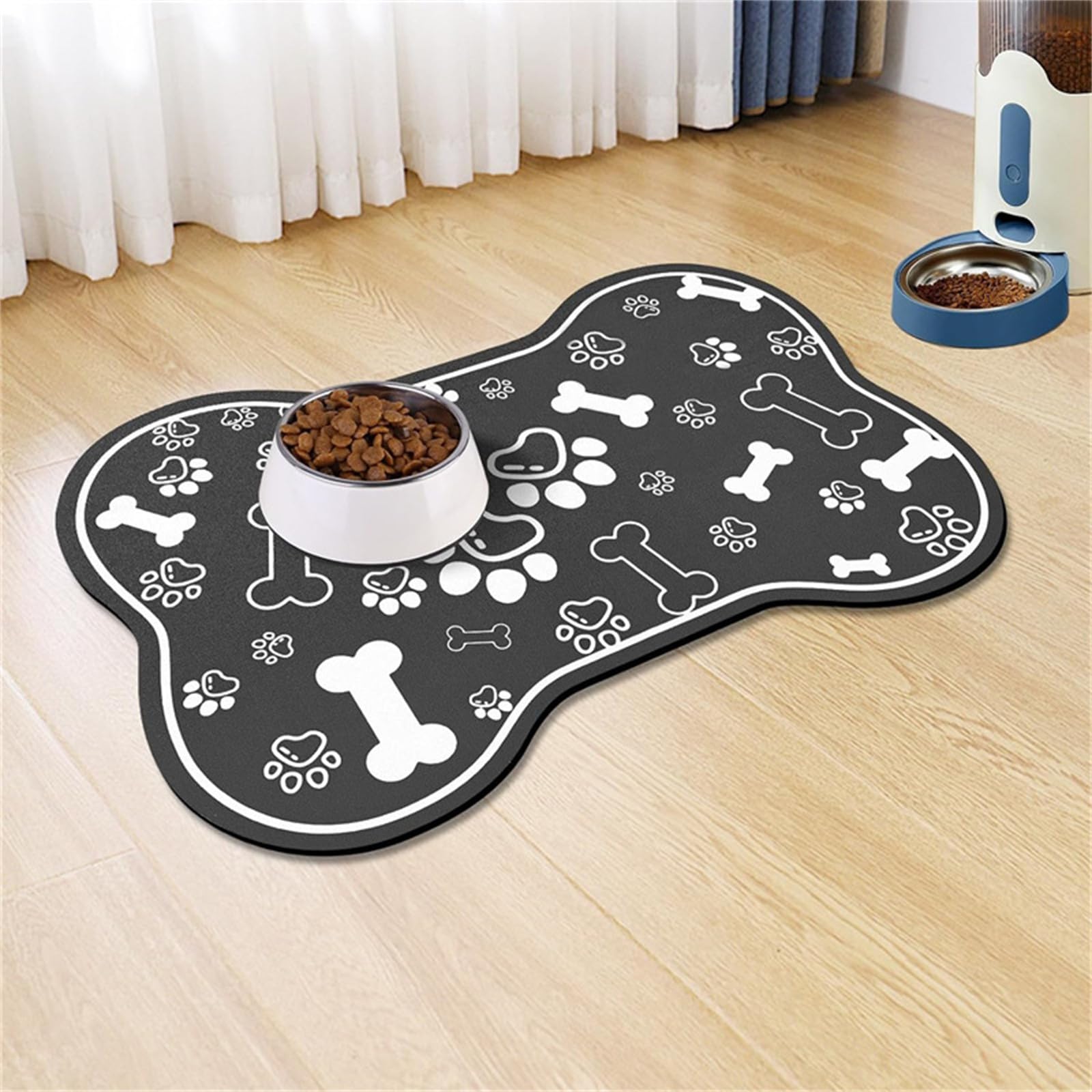 Mateju Dog Food Mat, Absorbent Quick Drying Pet Feeding Mat for Food and Water, Cute Puppies & Kittens Bowls, Non-Slip (Black,60x90cm)