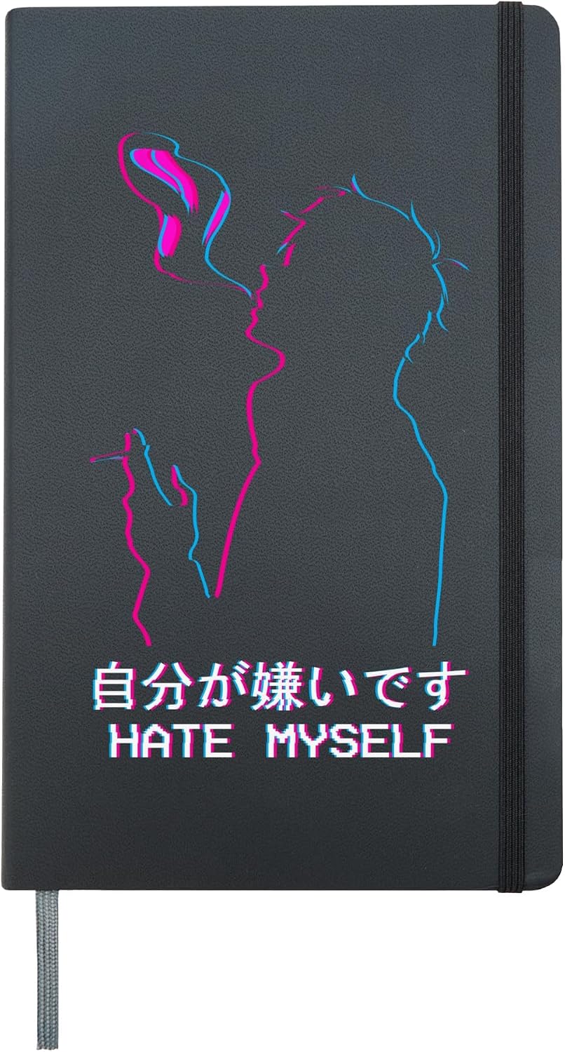 Hate Myself Sad Anime Boy Soft Boy Vaporwave Aesthetic Eboy Hardcover Journal, Black