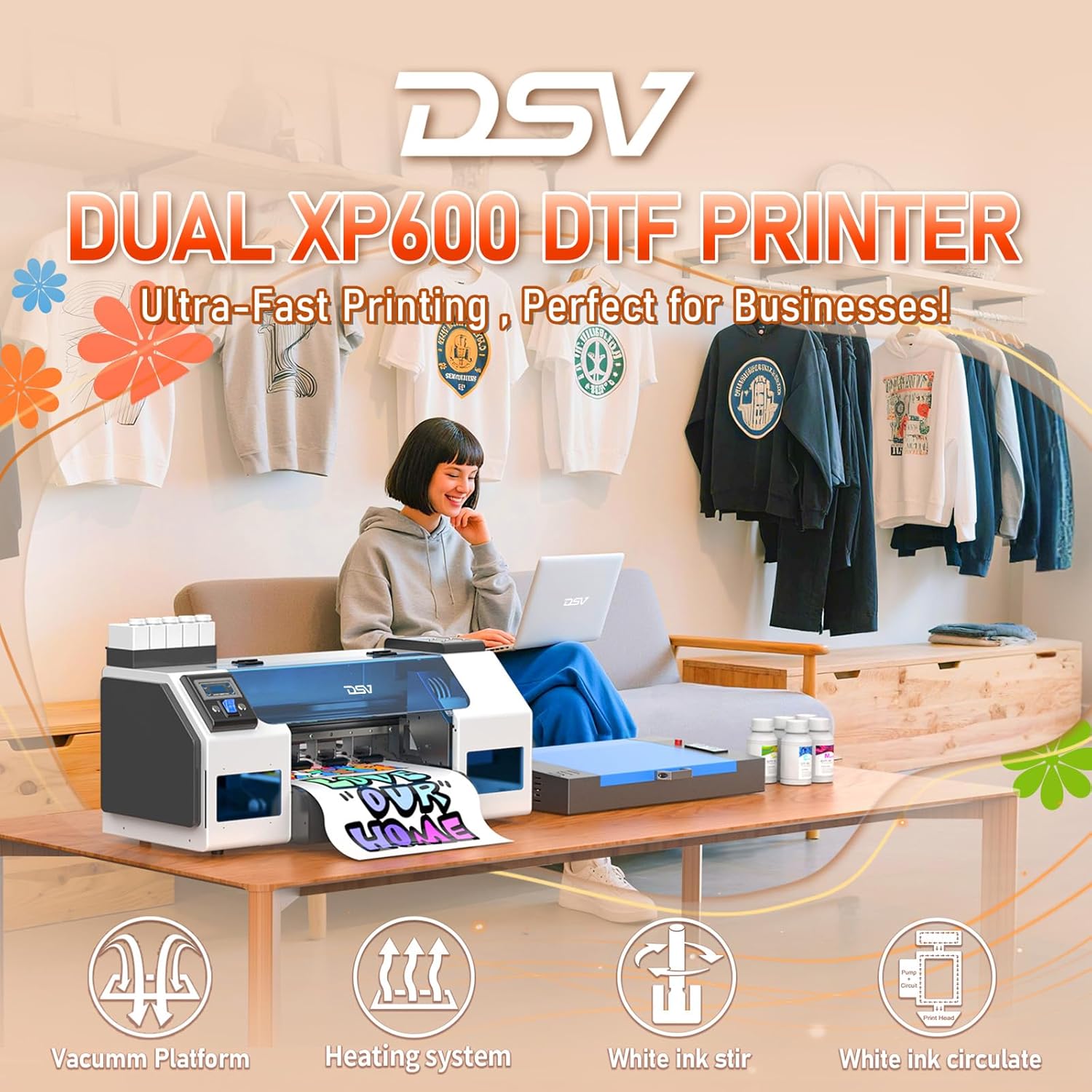 Dual XP600 Print Heads DTF Printer with Shaker & Purifier, A3 Plus Printer Bundles - 2.5 Min/A3 Print, 40% Truer Colors vs Single Head, Ink Circulation System, 2-Year Ink Supply