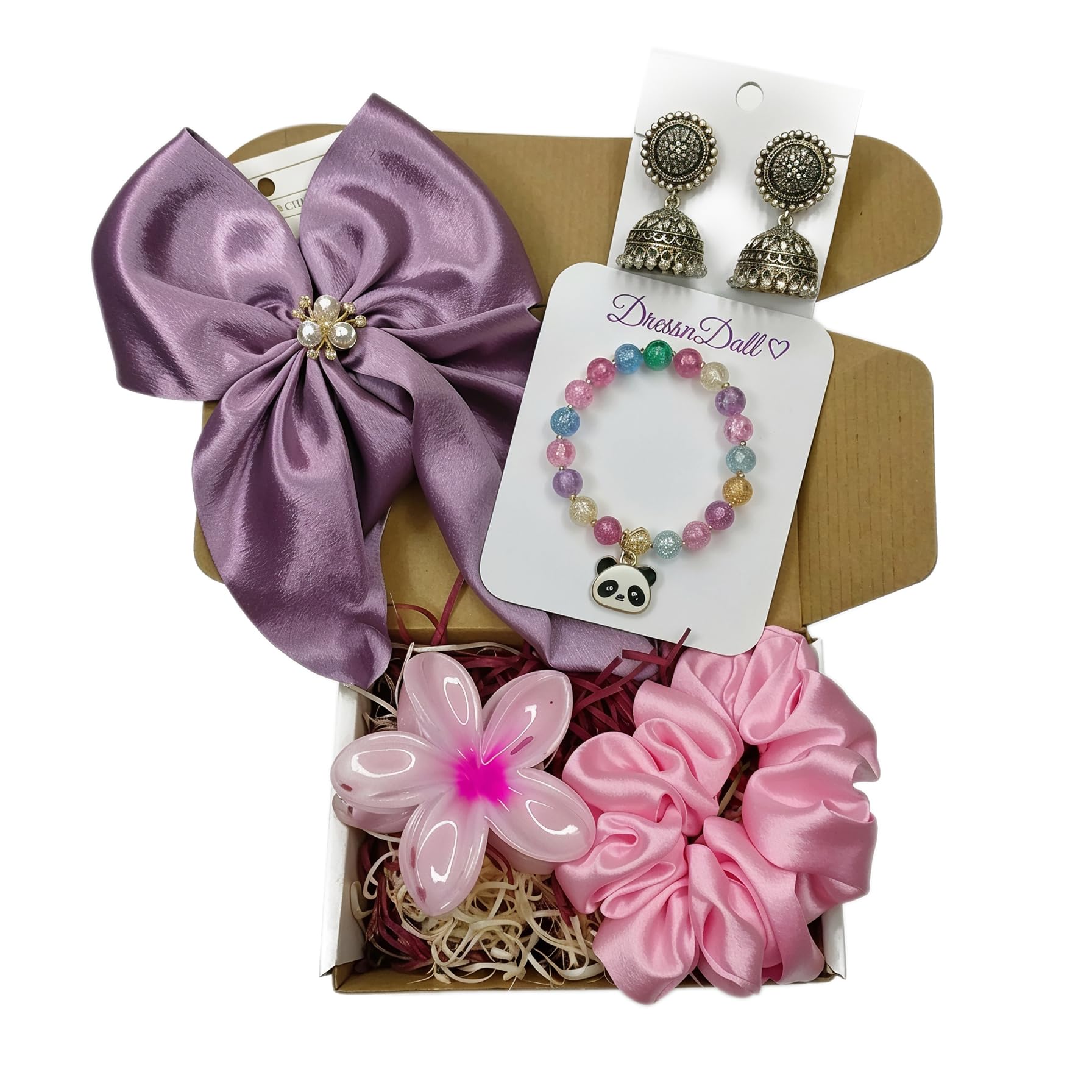 Girls Hair Accessories & Jewellery Gift Combo Set - Satin Bow Clip, Scrunchie, Flower Hair Clip, Colorful Bracelet & Earrings-image-30