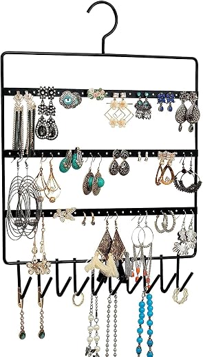 NH10 DESIGNS Wall Mounted Earring Organizer Hanging Jewellery Rack for Necklace (Pack of 1) (Metal Iron) (NHSP), Black