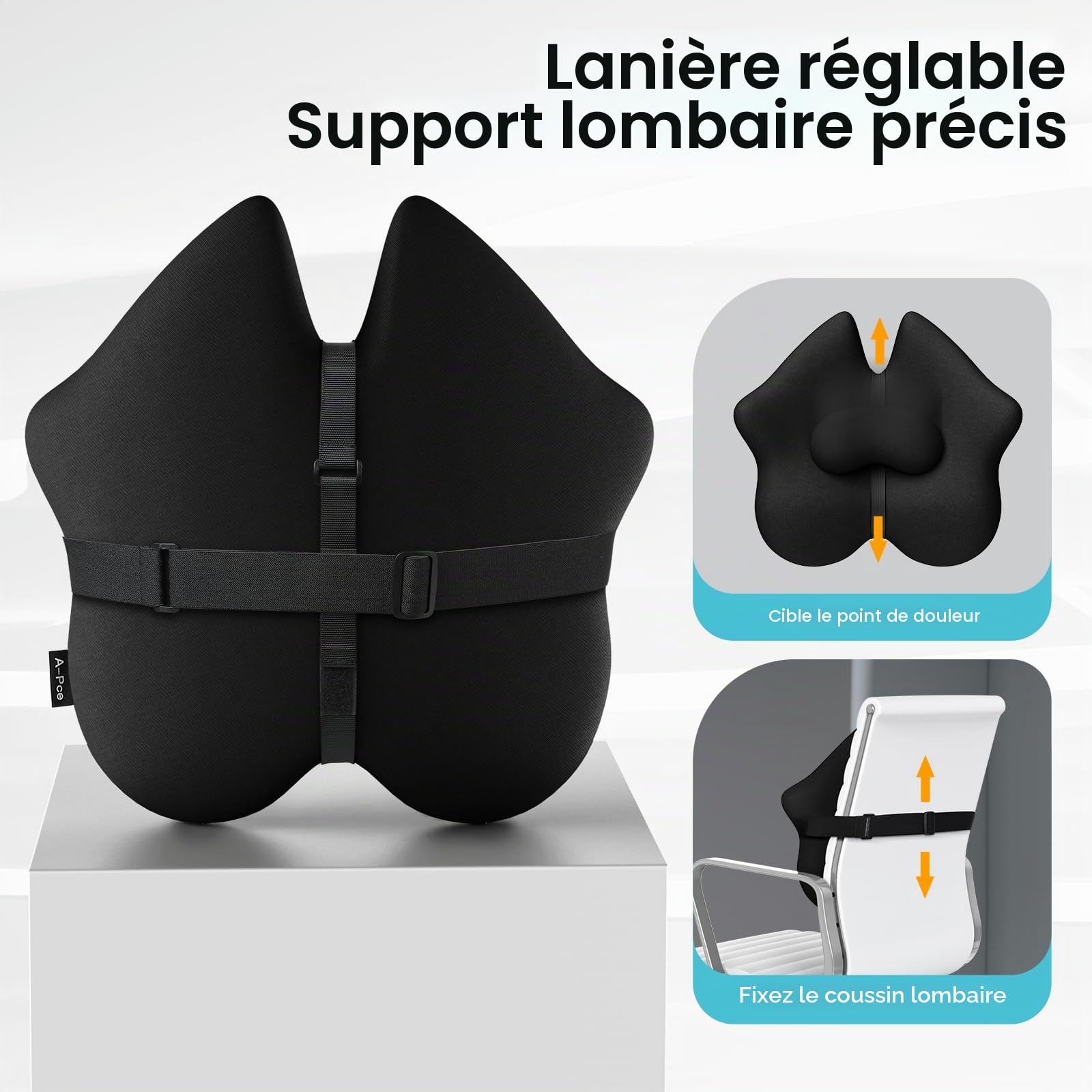 A-Pce Coussin de Soutien Lombaire Réglable, Améliore Le Soulagement des Douleurs dans Le Bas du Dos et la Posture Assise, Coussin de Soutien Dorsal Ergonomique en Mousse à Mémoire de Forme pour Une