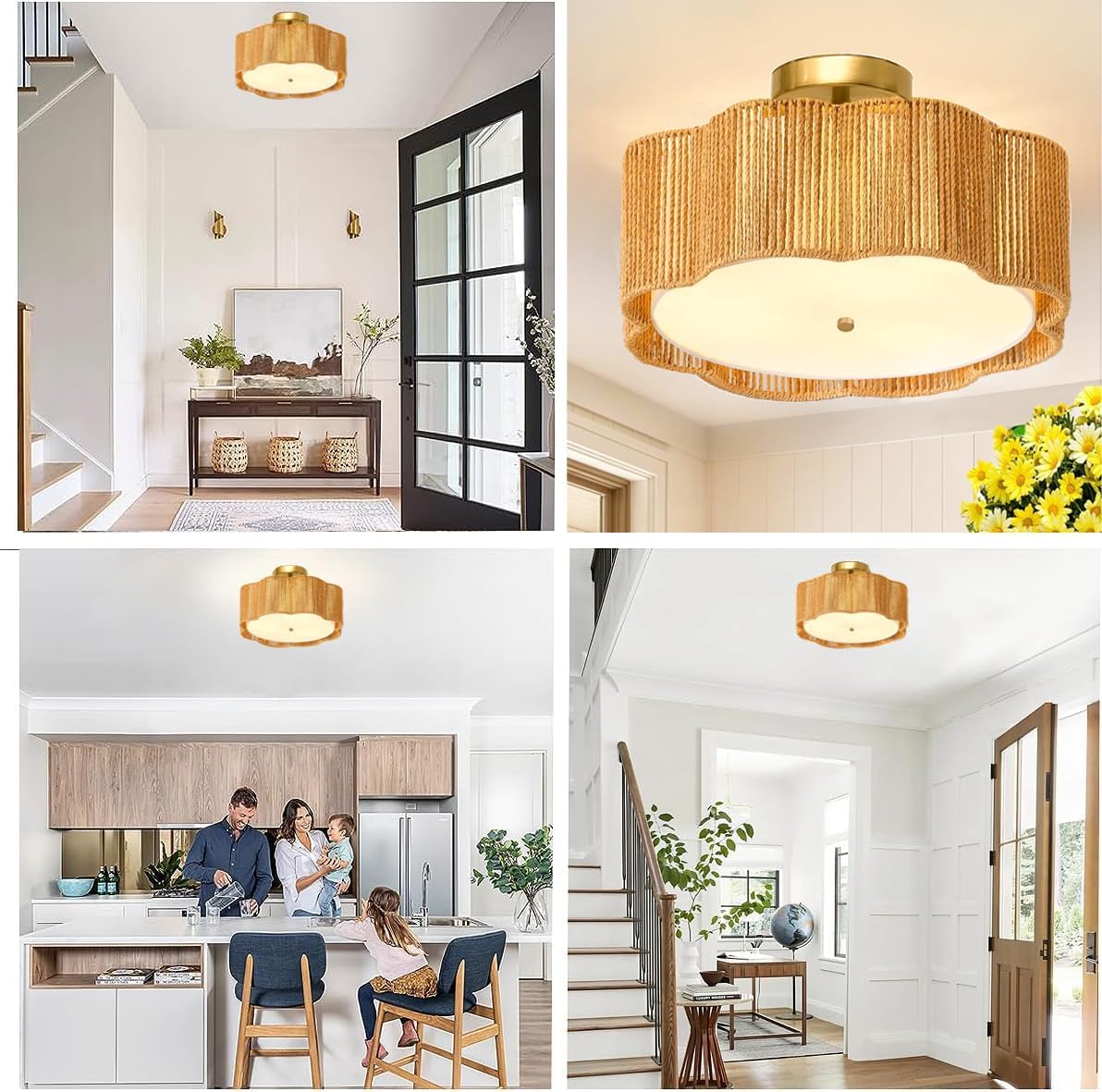 13.4" Rattan Flush Mount Ceiling Light Fixtures,3-Light Boho Light Fixtures Ceiling Mount for Bedroom,Small Rattan Chandelier,Gold Mini Chandelier Lighting for Dining Room Hallway Kitchen