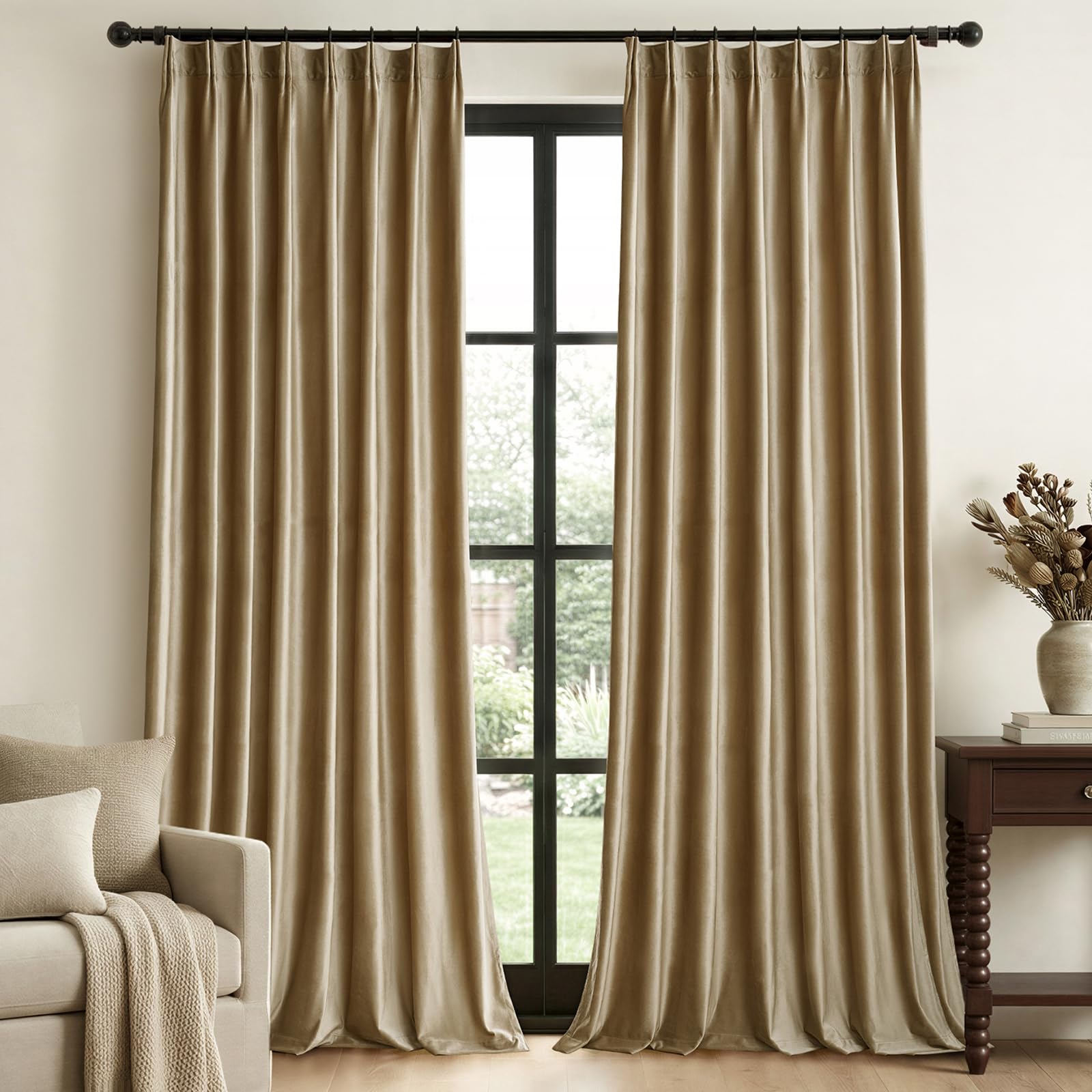 Photo 1 of Taupe Velvet Pinch Pleated Curtains: 84 Inches Long 2 Panels Set Luxury Living Room Darkening Thermal Insulated Drape with Hooks- Elegant Soundproof Noise Reducing Back Tab Window Curtain for Bedroom