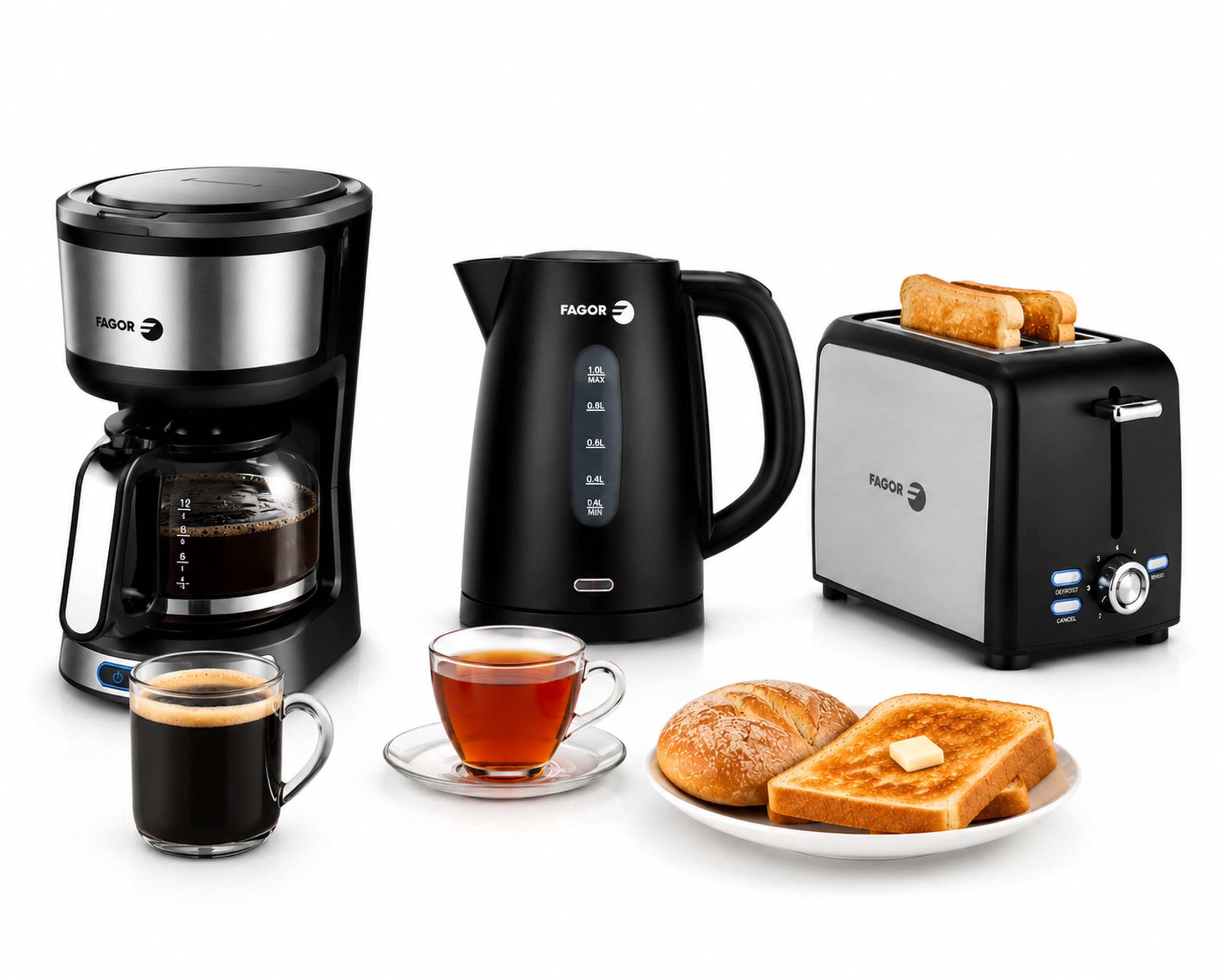 Set Desayuno Completo 3 en 1 con Cafetera de Goteo 0,6L, Hervidor Eléctrico 1L y Tostador de 2 Ranuras, Diseño Negro, Apagado Automático, Ideal para Hogar y Regalo- FAGOR Breakfast Collection Noir