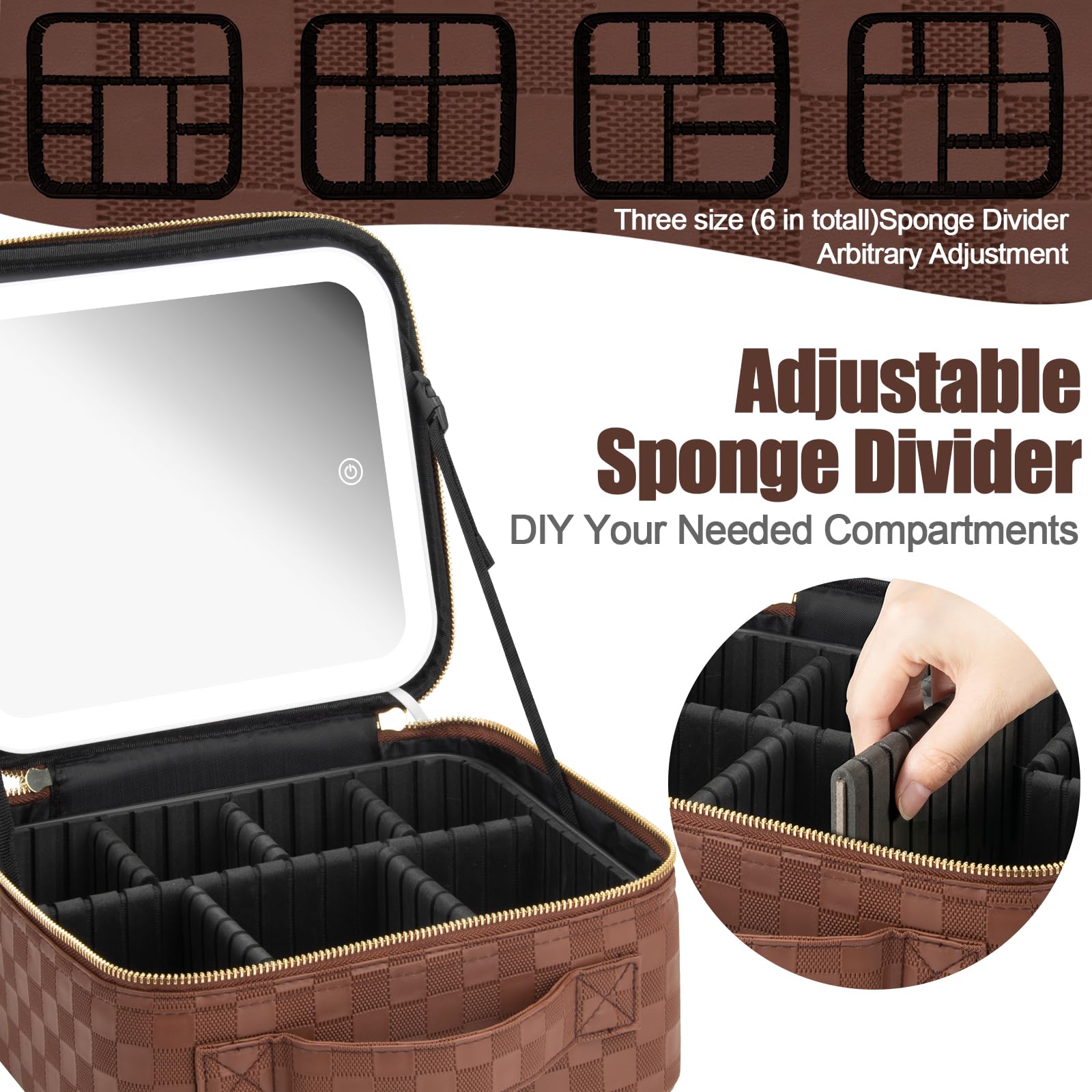 Seoneiro Borsa da viaggio per il trucco con specchio illuminato a LED, luminosità regolabile, portatile, impermeabile, con divisori regolabili, organizer per pennelli da trucco e custodia per