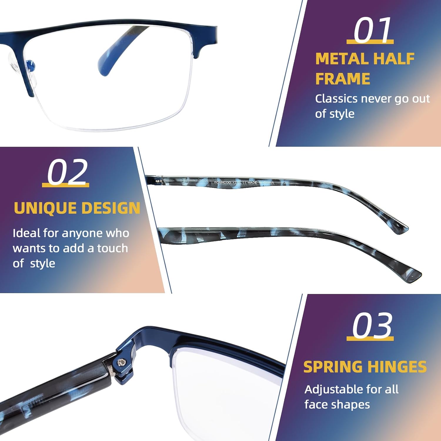 FONHCOO Reading Glasses for Women Men, Blue Light Blocking Reading Glasses Metal Half Frame Computer Readers