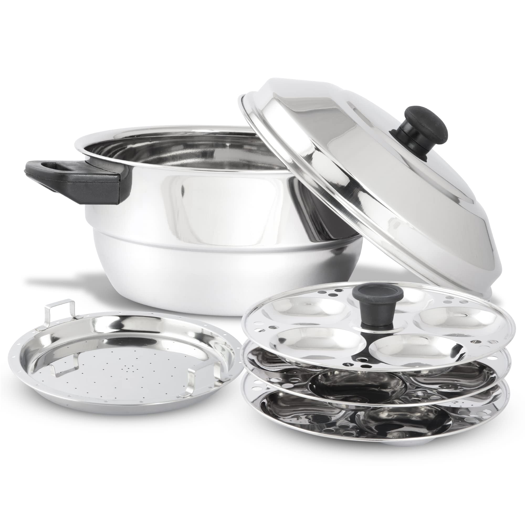 KSJONE Stainless Steel 5 pcs Multi Kadai (Induction Friendly) with Stainless Steel lid, 3 idli Plates (15 Idlis), 1 patra Plate, Silver