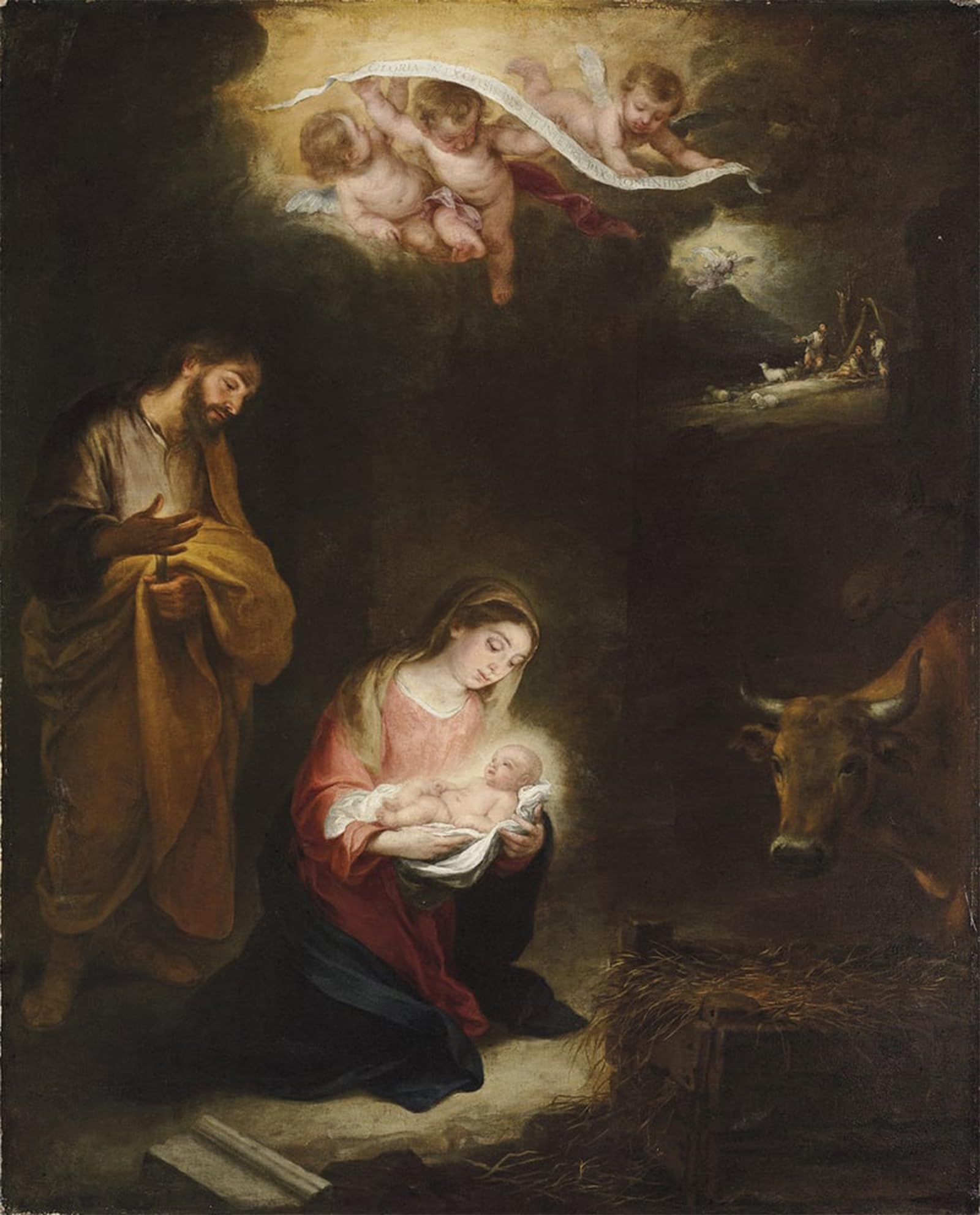 ARTXLXXBN Famous Painting Art Wall Decor Abstract Art Picture the Nativity with the Annunciation to the Shepherds Beyond by Bartolomé Esteban Murillo Animal Pictures for Home Decor 60x90cm
