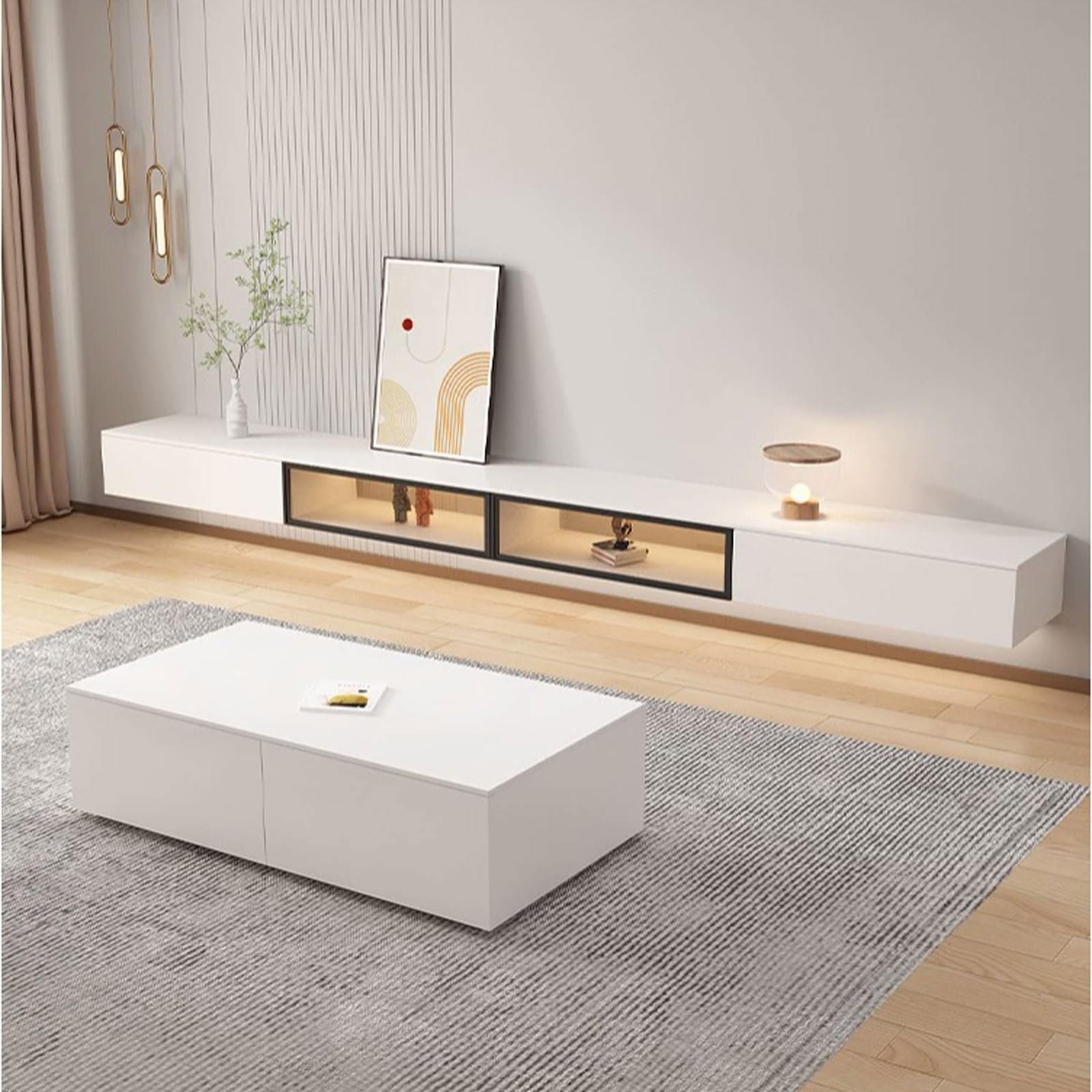 Modulo TV Soporte flotante simple y moderno for TV montado en la pared con puerta abatible de vidrio y cajones, centro de entretenimiento moderno de alto brillo de 78,7 ''/86,6 '' for debajo del telev