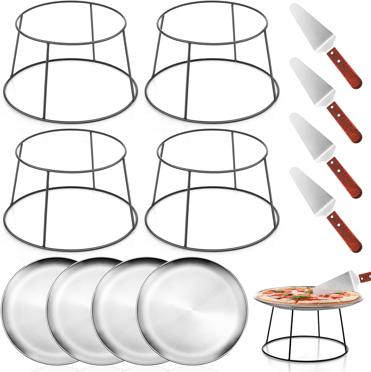 12 Pcs Pizza Pan Riser Stand Set: 4 Metal Pizza Stands, 4 Pizza Pan, 4 Wooden Pie Servers(Silver,Round) Silver Round