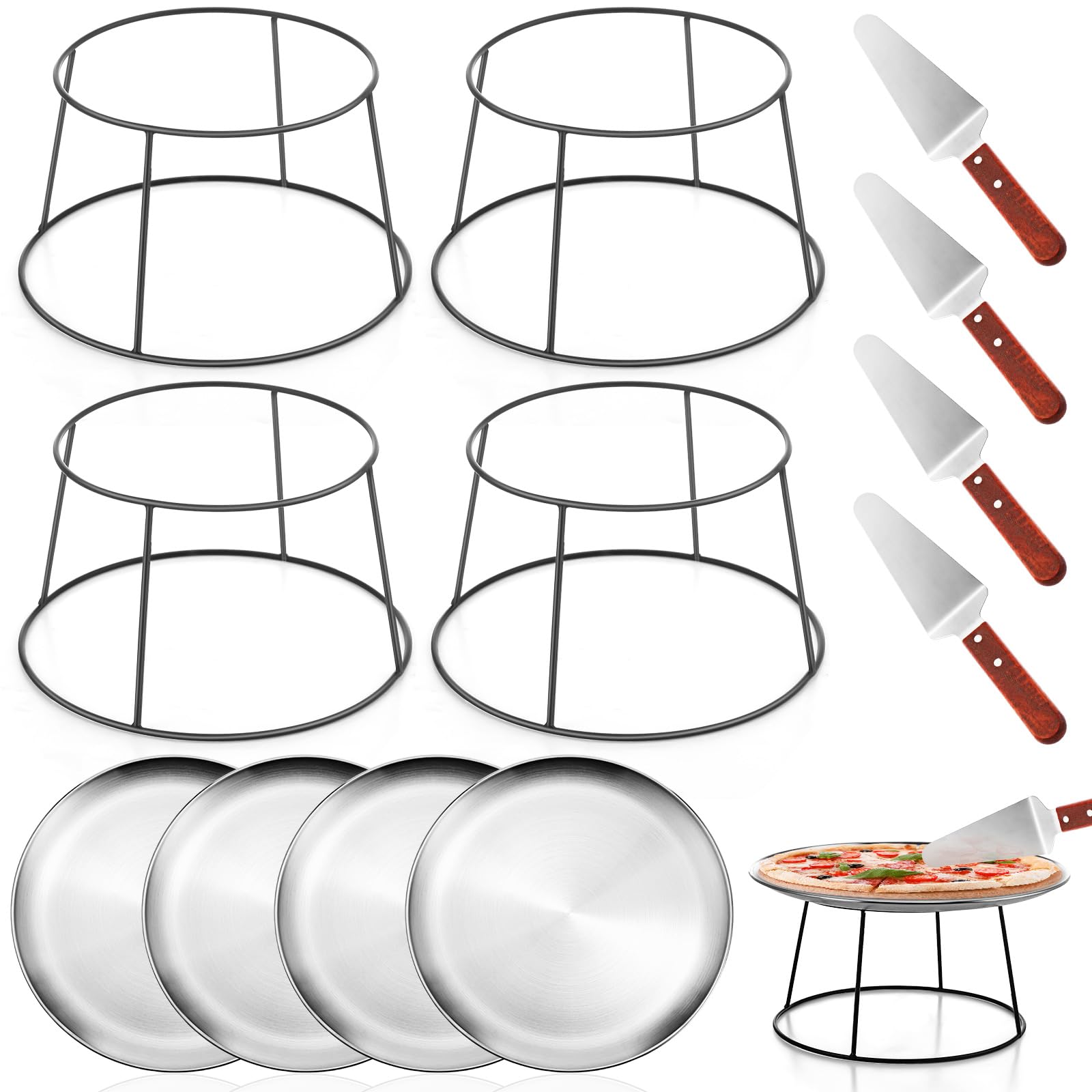 Yiyiring 12 Pcs Pizza Pan Riser Stand Set: 4 Metal Pizza Stands, 4 Pizza Pan, 4 Wooden Pie Servers(Silver,Round)