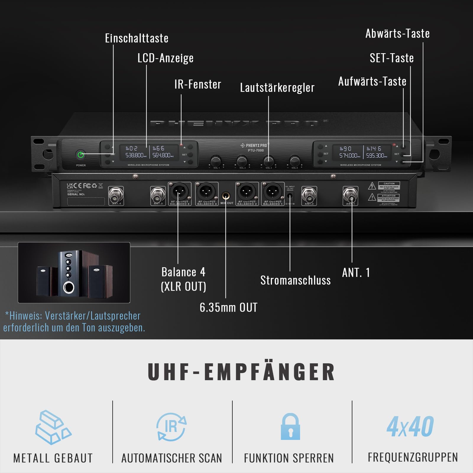 Phenyx Pro 4-Kanal Kabelloses Mikrofon-System mit Handheld PTU-7000-2H2B | Bodypack, Headset und Lapel Mics - 4x40 Kanäle wireless mikrofon, Auto Scan, 328ft Reichweite - Ideal für Karaoke und Gesang