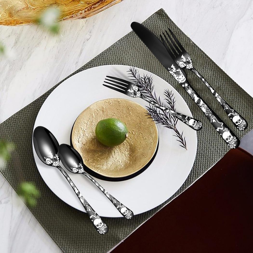 XIAOYU Halloween Themed Skeleton Silverware Set for 4, 20-Piece Stainless Steel Flatware Set, Gothic Skeleton Pattern Decorative Cutlery Set, Halloween Easter and Christmas Tableware, Black