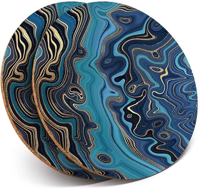 2 x Round Coasters - Blue Marble Ink Art Gold Art Deco - Cork Backed Home Kitchen Accessory Tea Coffee Mug Mat #21519