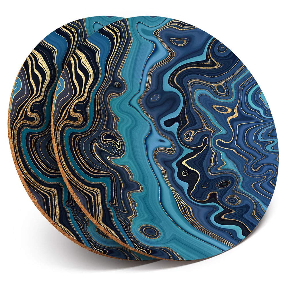2 x Round Coasters - Blue Marble Ink Art Gold Art Deco - Cork Backed Home Kitchen Accessory Tea Coffee Mug Mat #21519