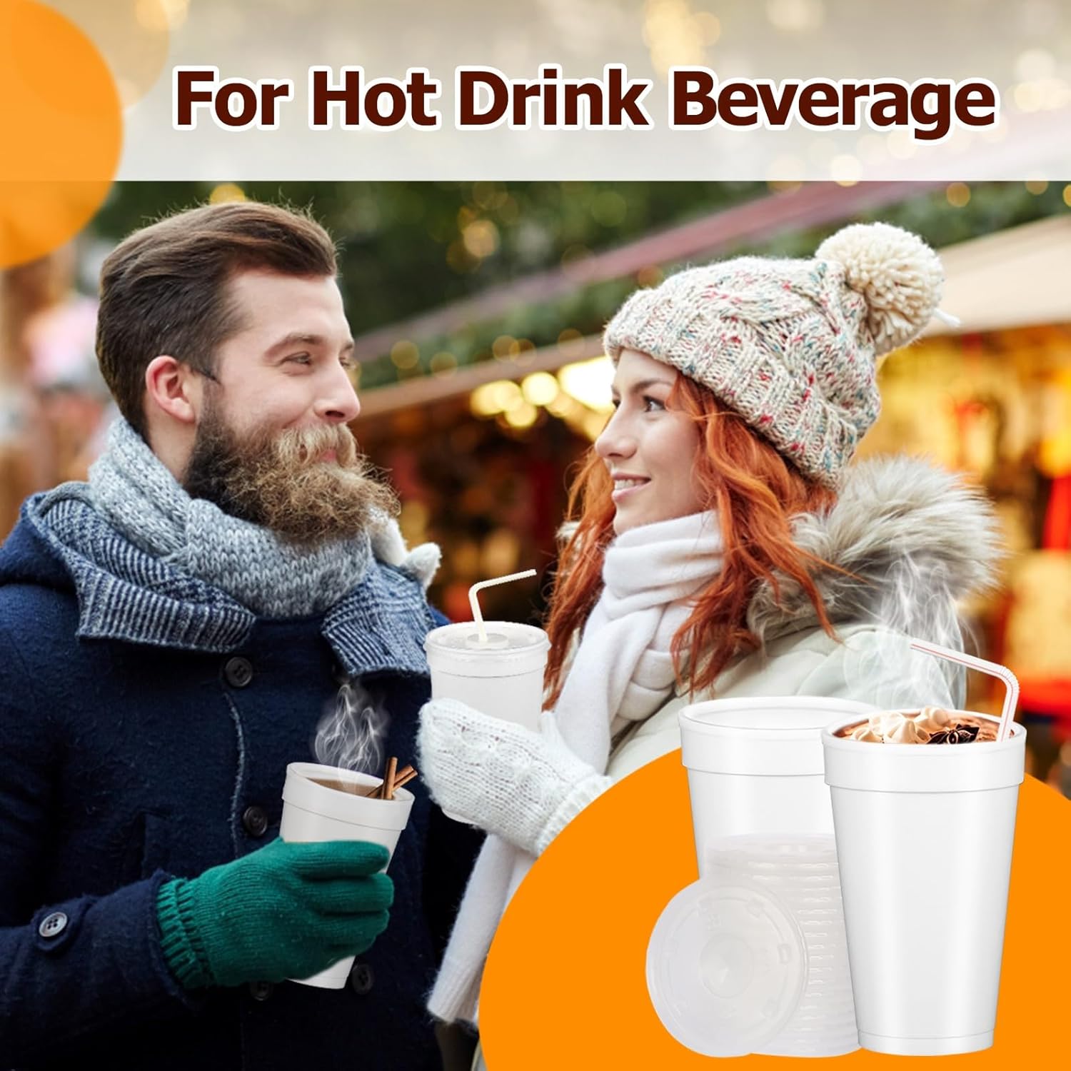 12 Oz Styrofoam Cups with Lids and Drinking Straws, Disposable White Foam Cups for Hot Cold Drink Beverage, To Go Drinking Container for Coffee, Tea, Juice - 50Sets/150pcs - Image 6