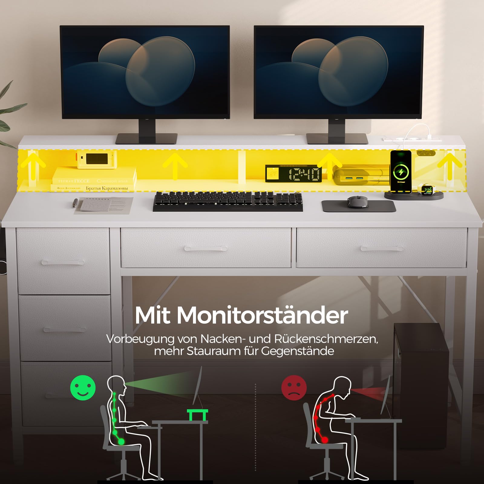 Seventable Computertisch mit Steckdosen & LED-Beleuchtung, 120cm Gaming Schreibtisch mit 5 Schubladen, Gaming Tisch mit Monitorständer, fürs Büro, Arbeitszimmer, Schlafzimmer, Wohnzimmer, Weiß
