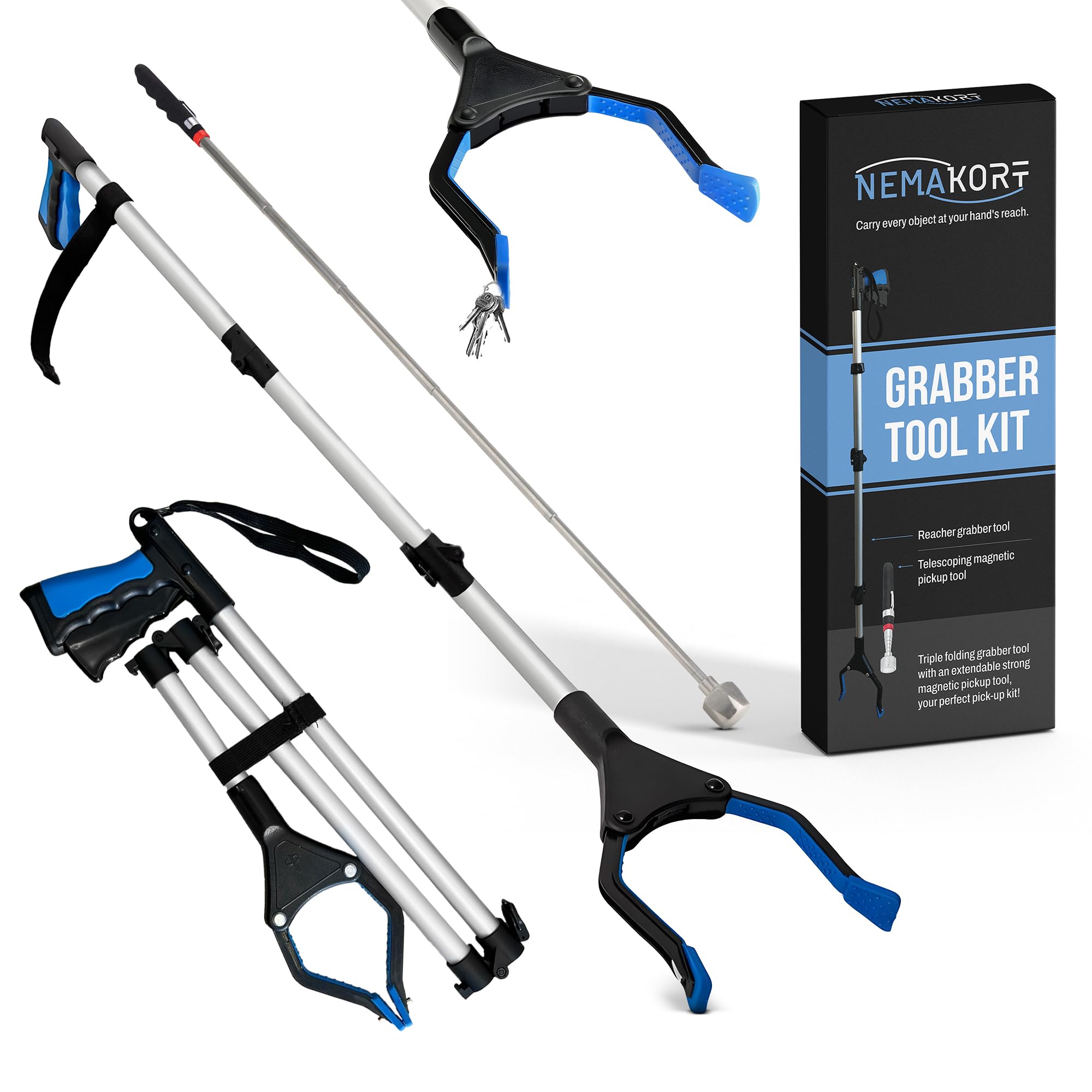 Pinza raccogli oggetti 110cm Pinza pieghevole prendi oggetti Kit 2X1 attrezzi raccogli oggetti in luoghi alti e bassi Pinza prensile raccogli immondizia Strumento magnetico telescopico15lb
