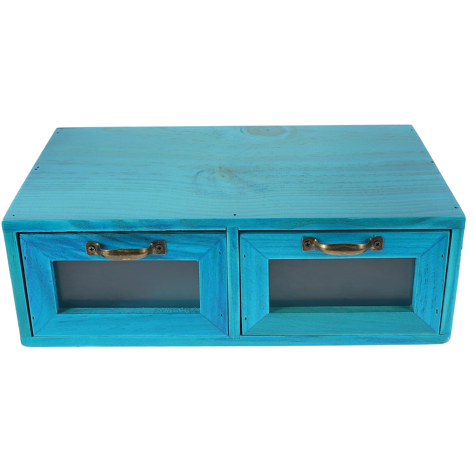 Organizador de Madera para Escritorio 2 Cajones Gabinete Pequeño Azul Mediterráneo Estante de Almacenamiento Multifuncional para Maquillaje y Artículos Diversos Soporte Estable