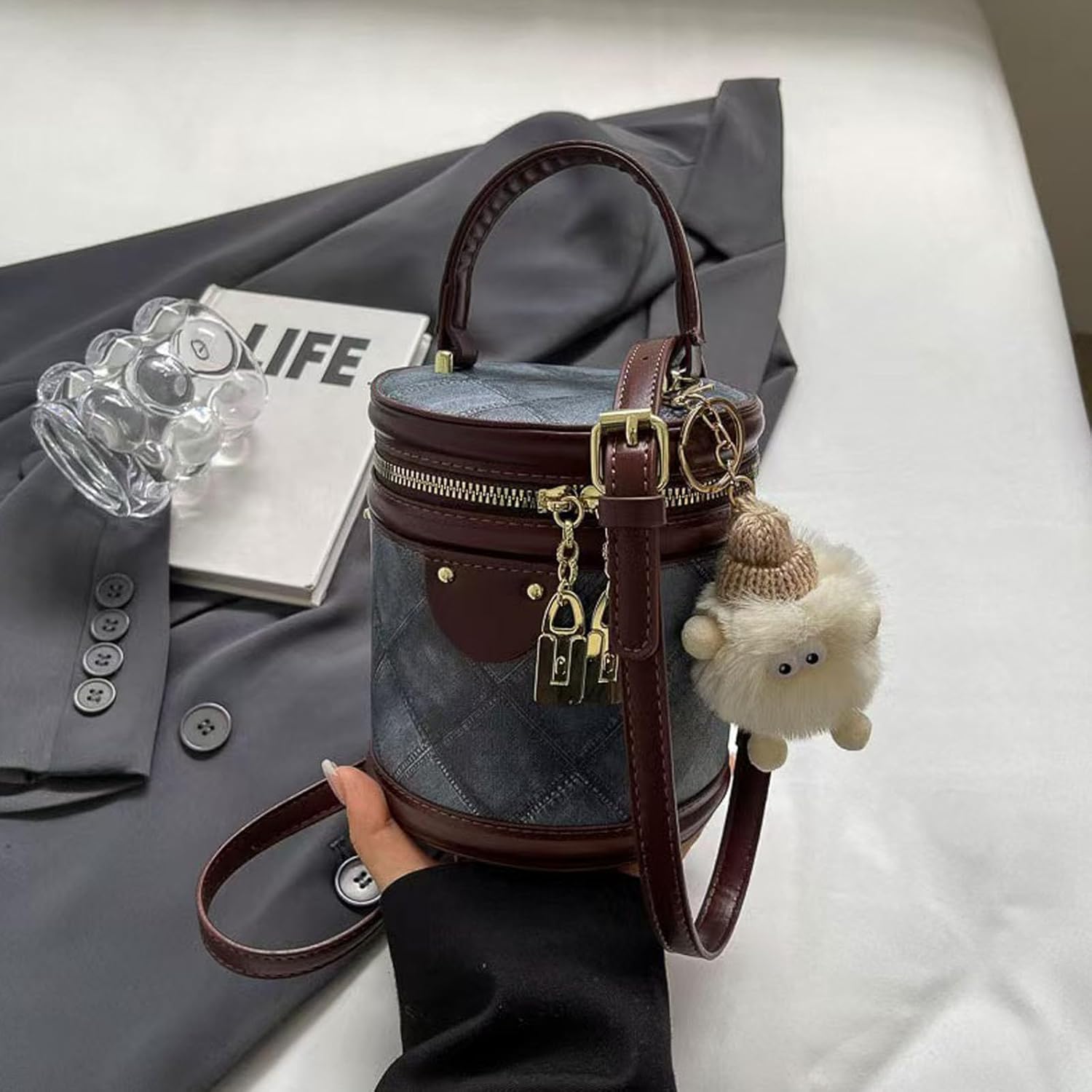 Bucket Bag,Checkered Crossbody Bag,Blue Clutch Purses for Women,Denim Purses for Women