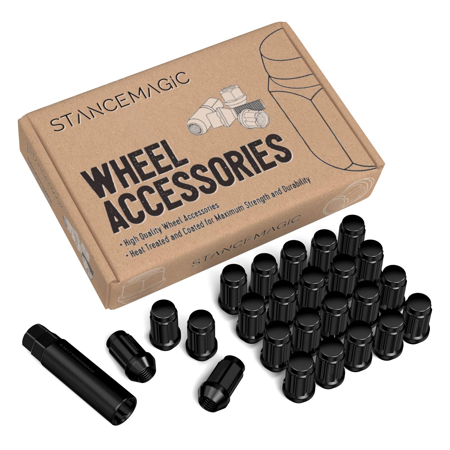 24pcs Black Spline Drive Lug Nuts - 1/2x20 Threads - 1.4 inch Length - Closed End - Cone Acorn Taper Seat - Includes 1 Socket Key Tool - Compatible with Dodge Dakota Durango Viper