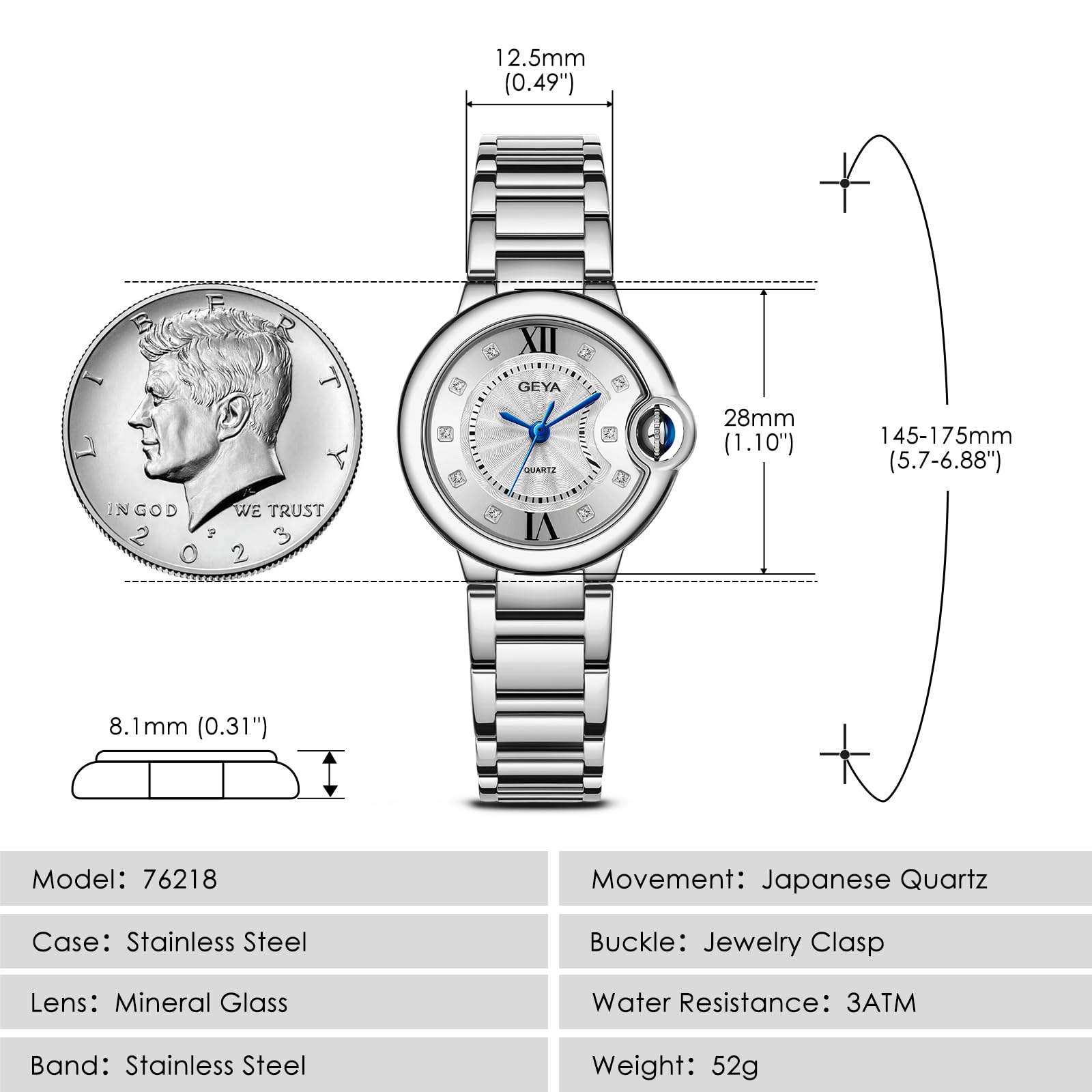 GeYa Silver Watch for Women Dainty Ladies Analog Quartz Wristwatch with Date & Diamond Dial, Stainless Steel Bracelet Water Resistant for Petite Wrist, Gift for Her