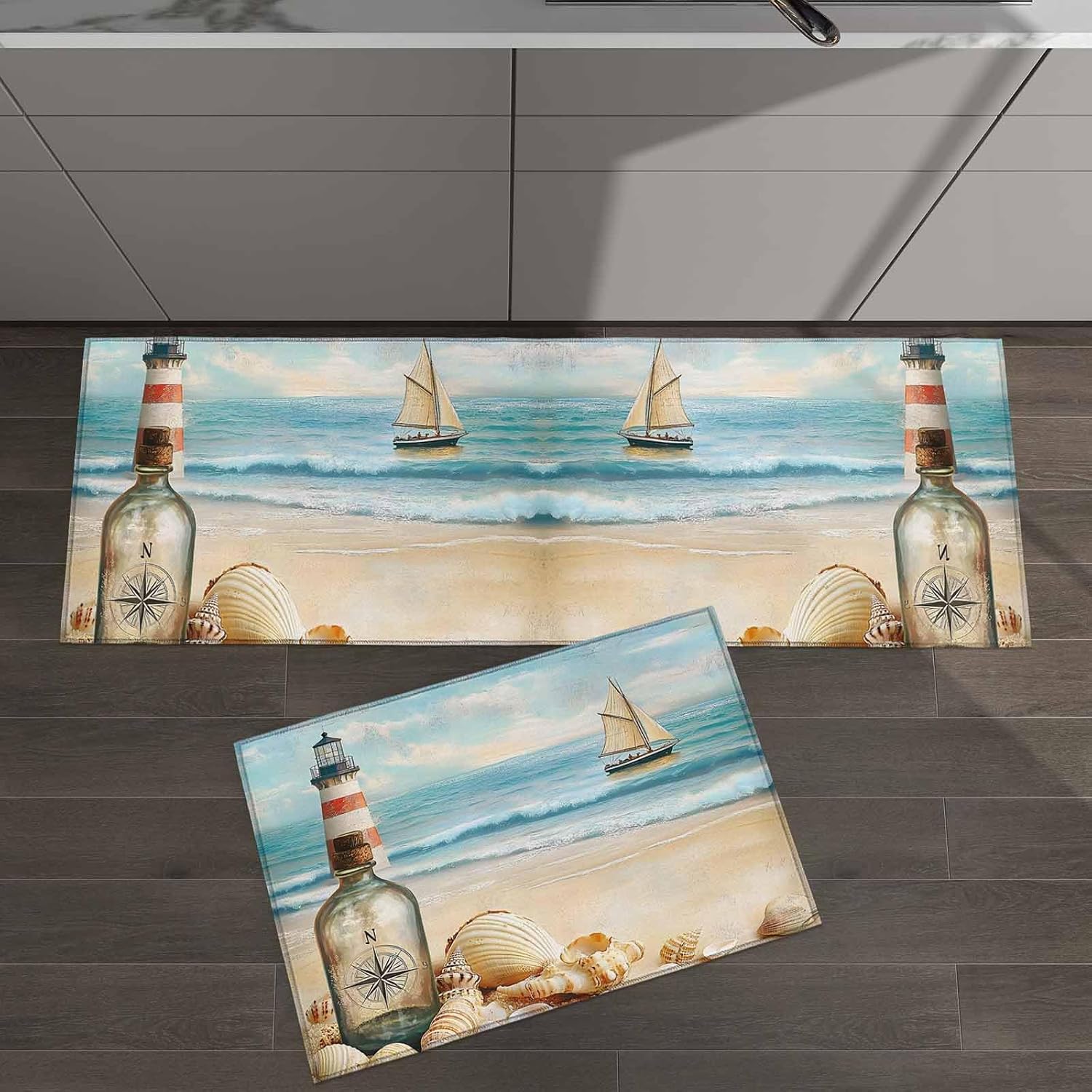 2 Pcs Kitchen Rugs and Mats,Summer Seaside Bottle Shell Conch Area Runner Rug Set Non Slip Floor Doormat Washable Carpet Standing Mat for Kitchen Sink Indoor Corridor,Watercolor Sea Boat Lighthouse