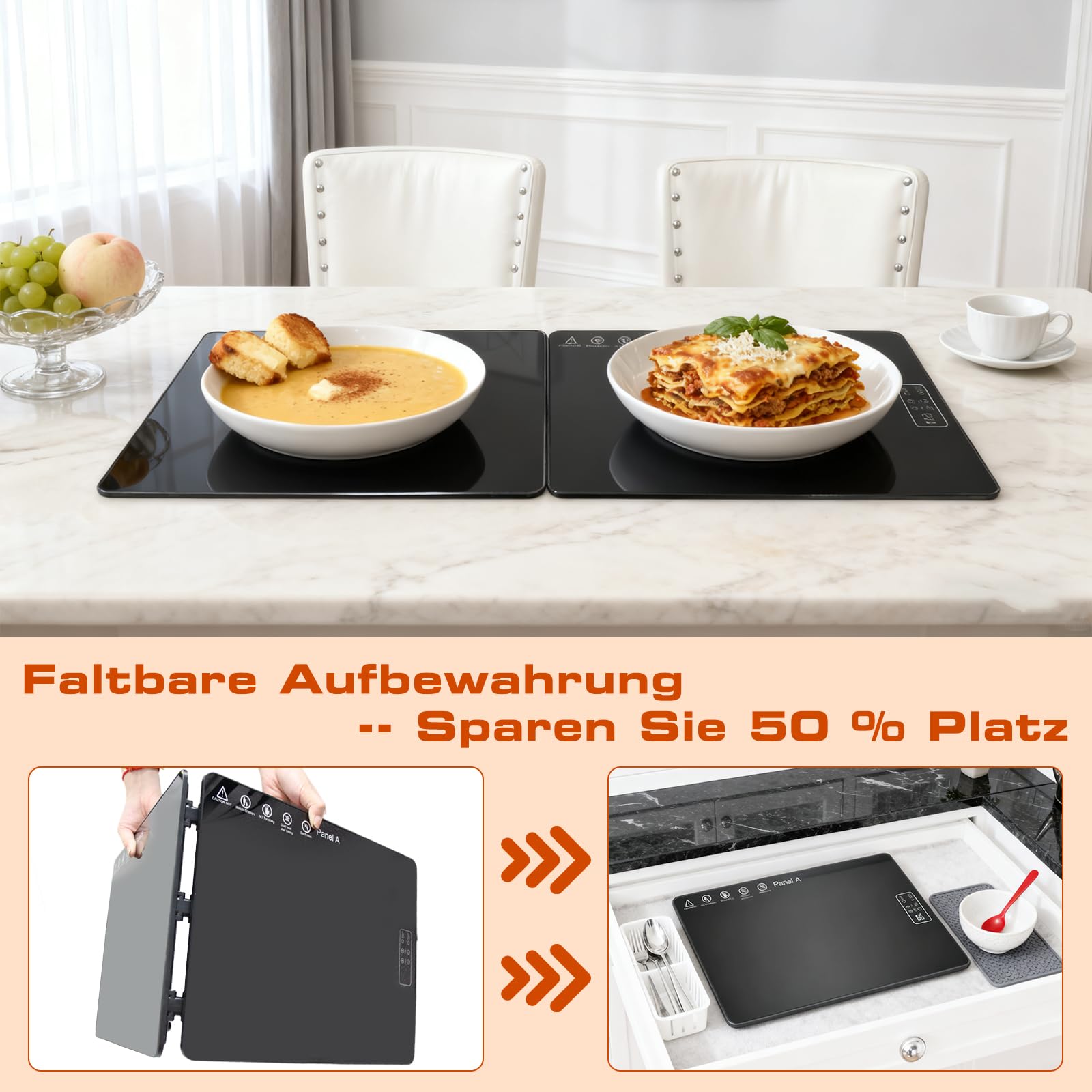 Elektrische Warmhalteplatte für Speisen, Speisenwärmer mit Temperaturregelung & Sicherheitsfunktion, Große Glasoberfläche 80x30cm Faltbares Wärmeplatte, Warmhalten oder Auftauen von Speisen