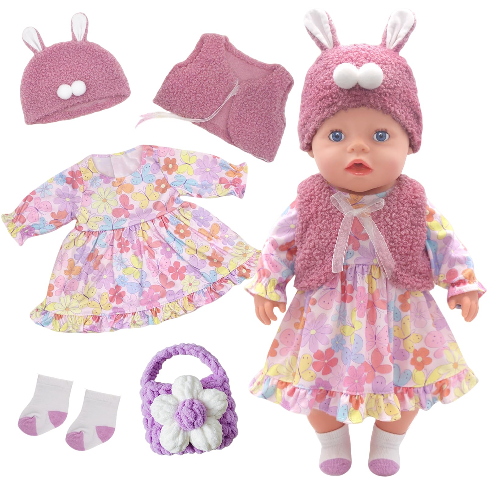 5 Pcs Doll Clothes for 14-18 Inch Dolls: Purple Floral Dress, Jacket, Hat with Bunny Ears, Bag, Shoes, for 35–43 cm Doll Clothes and Accessories Gift for Girls
