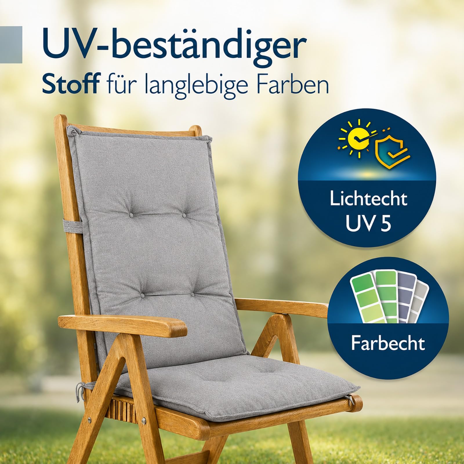 BURI 4 cojines para silla de jardín de 117 x 49 x 6 cm, resistente a la intemperie, con núcleo de espuma y vellón completo, cinta de sujeción y lazos, cómodo cojín para silla para balcón, terraza y