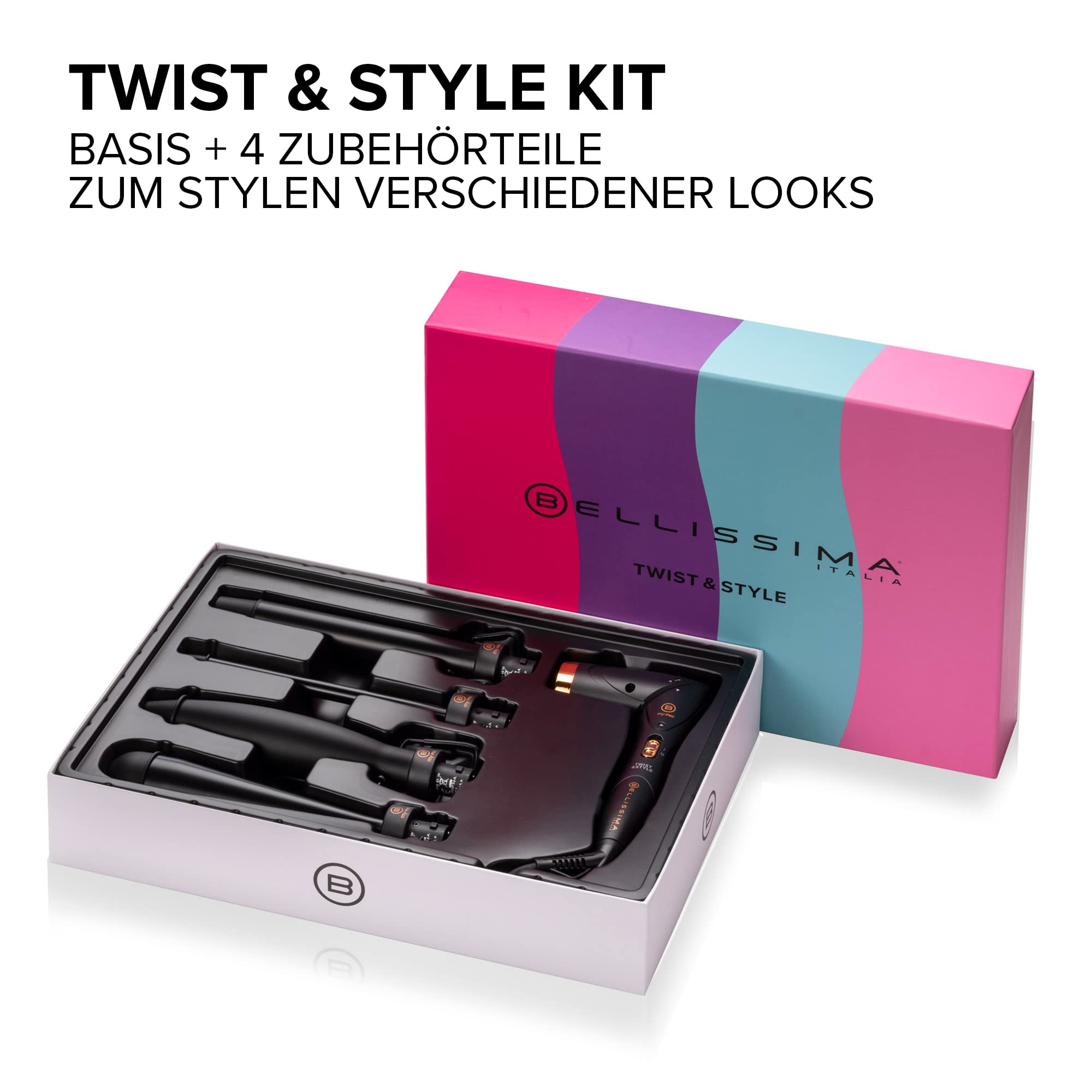 Bellissima Twist & Style, Lockenstab, Griff + 4 Zubehörteile für Locken und Wellen, automatische Temperatur, schnelles Aufheizen, Keramikbeschichtung, um 90 verstellbar, Geschenkidee