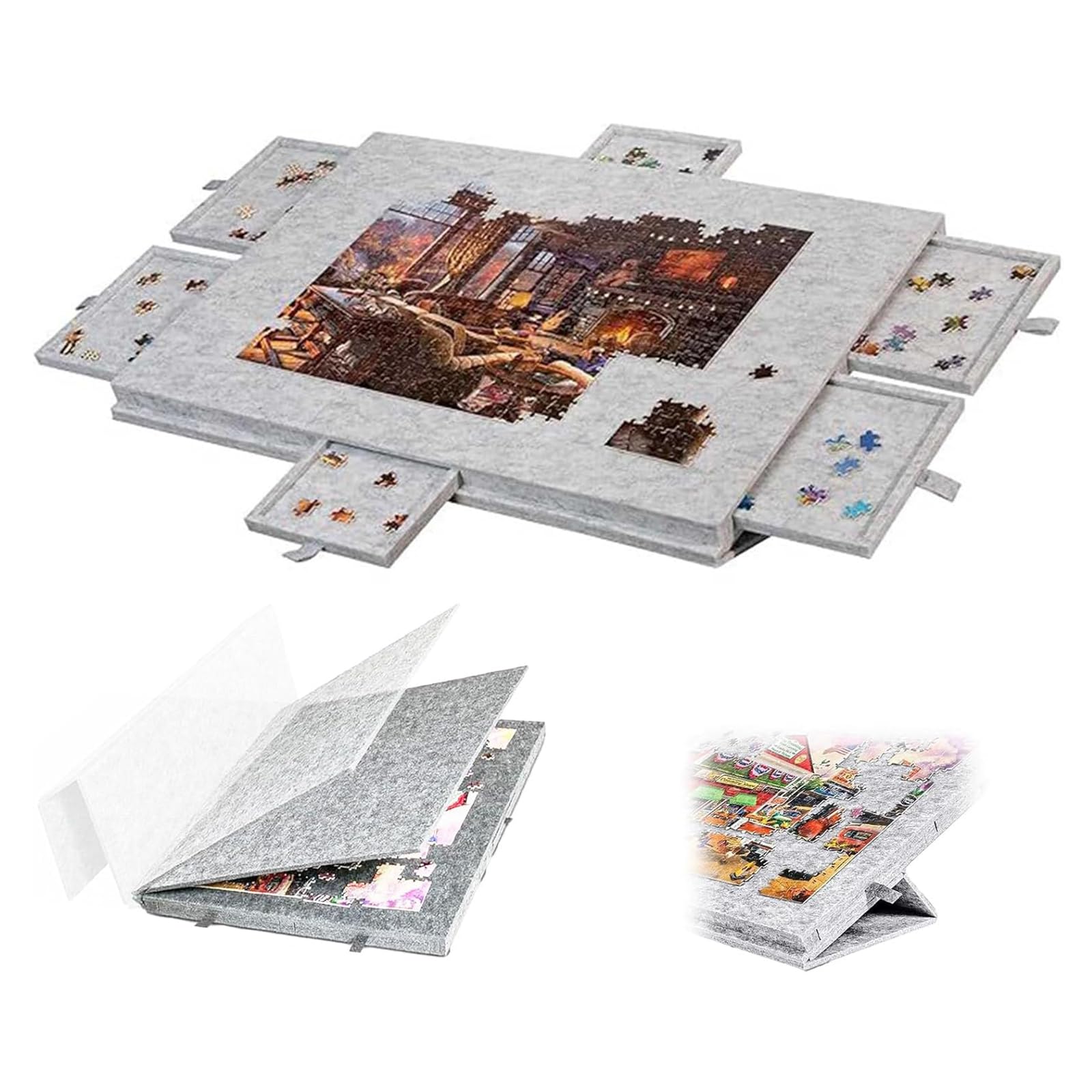 Planche de Puzzle Inclinable 2 en 1,Planche à Puzzle Portable avec 6 Tiroirs & Couvercle,Table de Puzzle en Feutre Super Légère,Support Inclinable à Velcro,pour Enfants et Adultes (Gris argenté) - 1