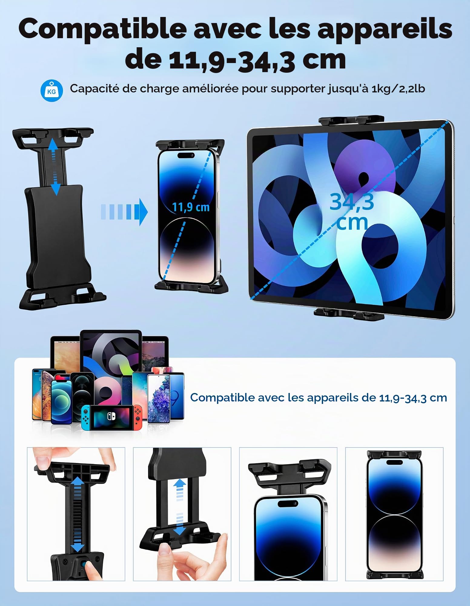 LZSIG Support de tablette et batterie externe mis à jour pour pied de micro, support de microphone réglable pour musique, clip pour iPad et téléphone, compatible avec iPhone, Android, tous les