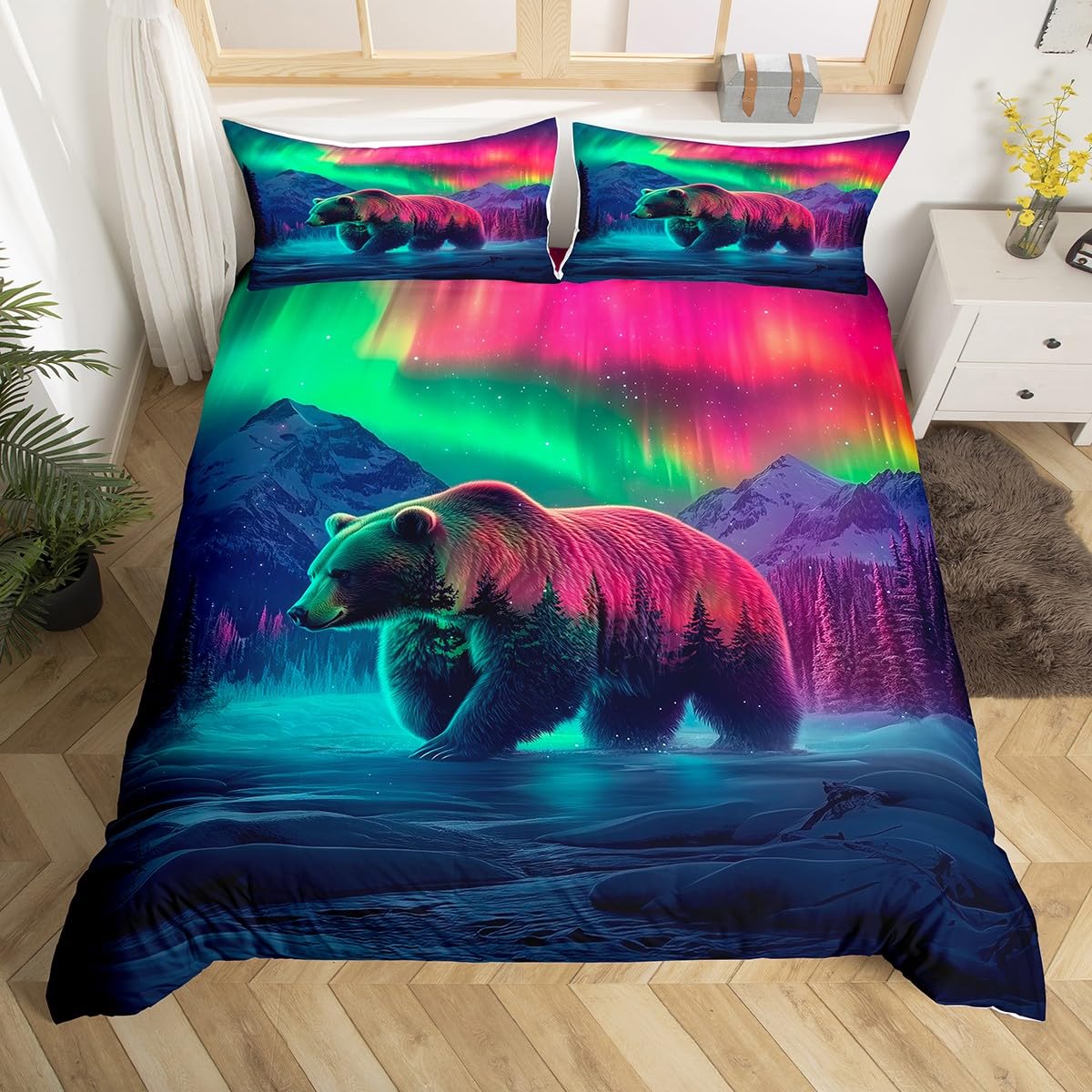 Aurora Bear Bedding Set Super King,Mountain Snow Scene Duvet Cover for Kids Adults,Northern Lights Bed Set Cabin Pine Tree Duvet Cover with 2 Pillowcases Room Decor (No Comforter)