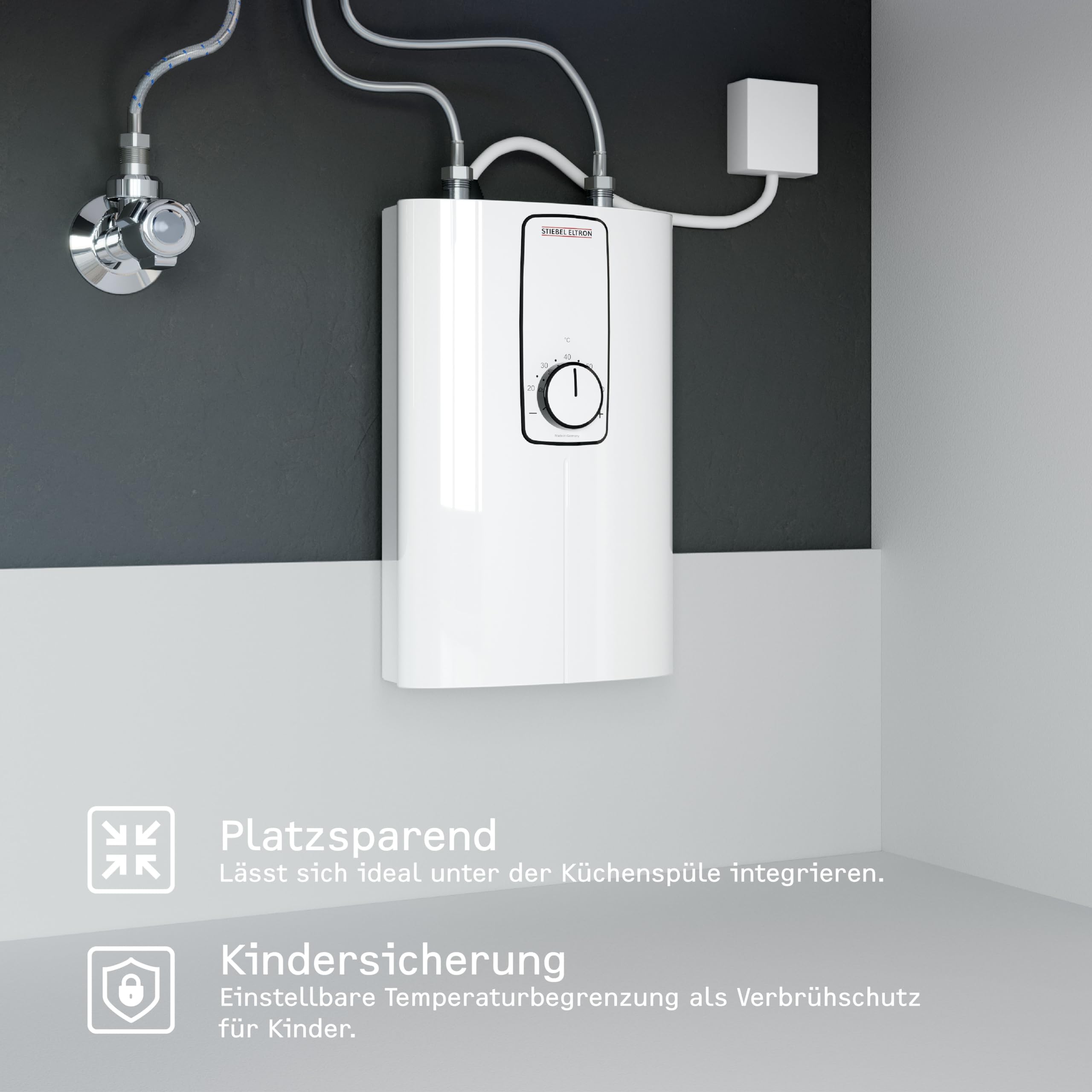 STIEBEL ELTRON elektronischer Kompakt Durchlauferhitzer DCE 11/13 kW für die Küche, Made in Germany, Festanschluss 400 V, solargeeignet, Untertischmontage, VDE geprüft, 230770