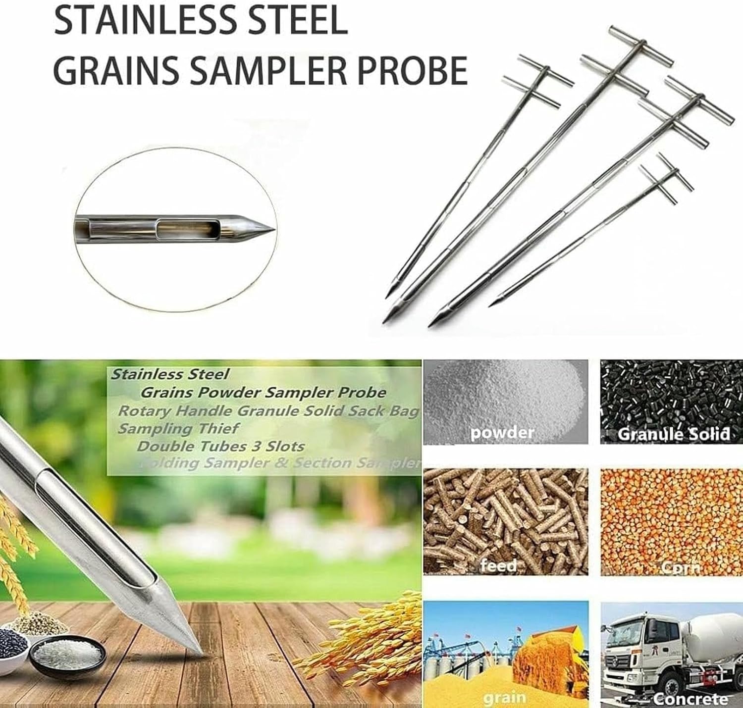 Grain Probe Sampler - Heavy Duty Rotary Powder Sampler, Stainless Steel Three Zone Probe Thief for Cement and Fertilizer - Solid Sampling Probe