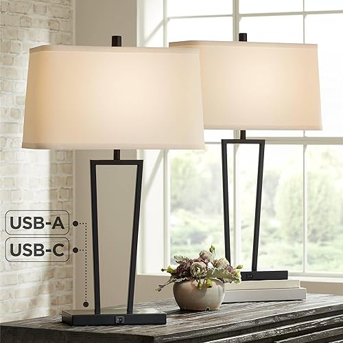 Miniatura 9 de 360 Lighting Cole - Juego de 2 lámparas de mesa minimalistas modernas de 27 pulgadas de alto con puertos de carga USB, pantalla rectangular de metal