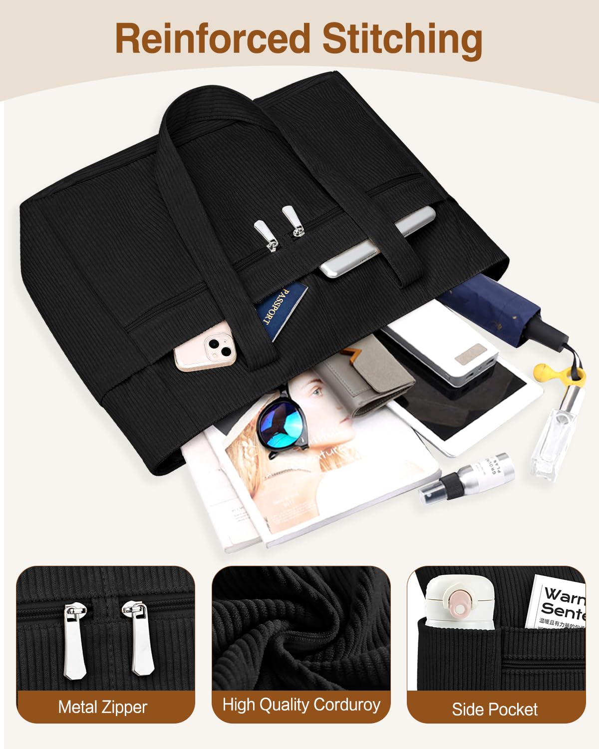 LUROON Sac a Main Femme Cabas Grande Capacité, Sac Cabas Femme en Velours Côtelé Tote Bag avec Fermeture Éclair, Léger Sacs Ordinateur 15.6 Pouces pour Voyage Collège Travail