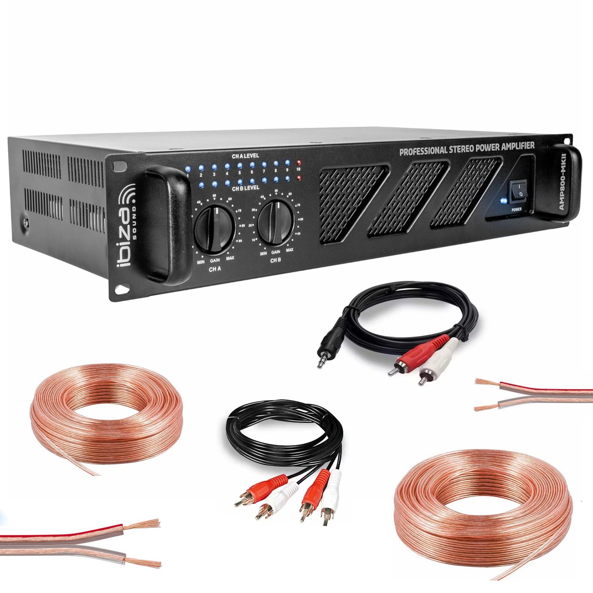Ibiza Pack Ampli Sono Ibiza Sound 2 x 600W AMP800MKII - Câble HP Haut Parleur 3m - Câble RCA/RCA - Câble PC/RCA