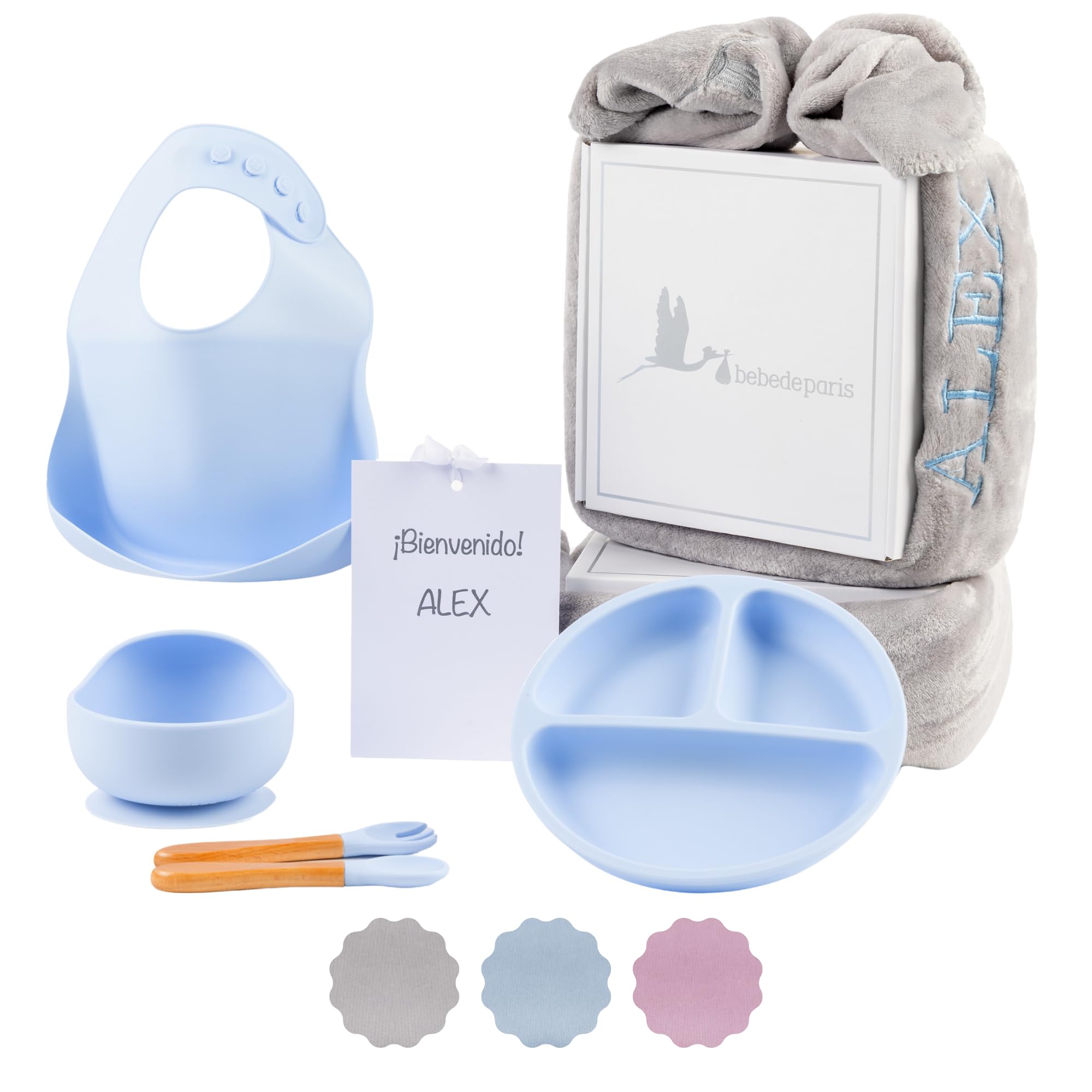 Bestickte Decke mit Namen und Geschirr aus Silikon, umweltfreundliches Geschenk für Babys, Geschenkset für Jungen und Mädchen (Geschirr + Decke, Blau) | BebeDeParis