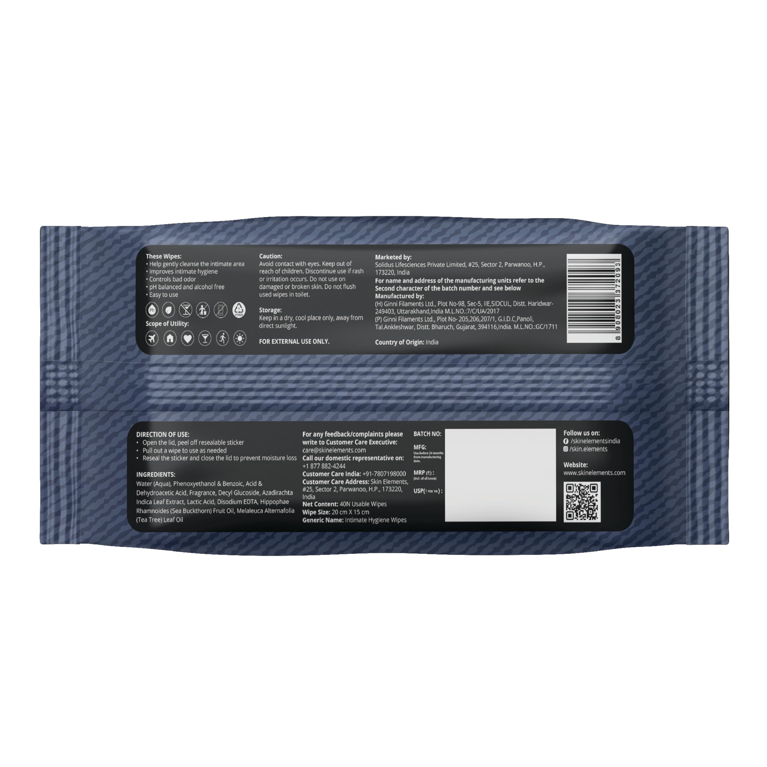 Skin Elements Intimate Hygiene Wipes | Unisex | pH Balanced Wet Wipes | Tea Tree Oil & Neem Extracts | 40 Intimate Hygiene Wet Wipes | For Pre and Post Intimacy